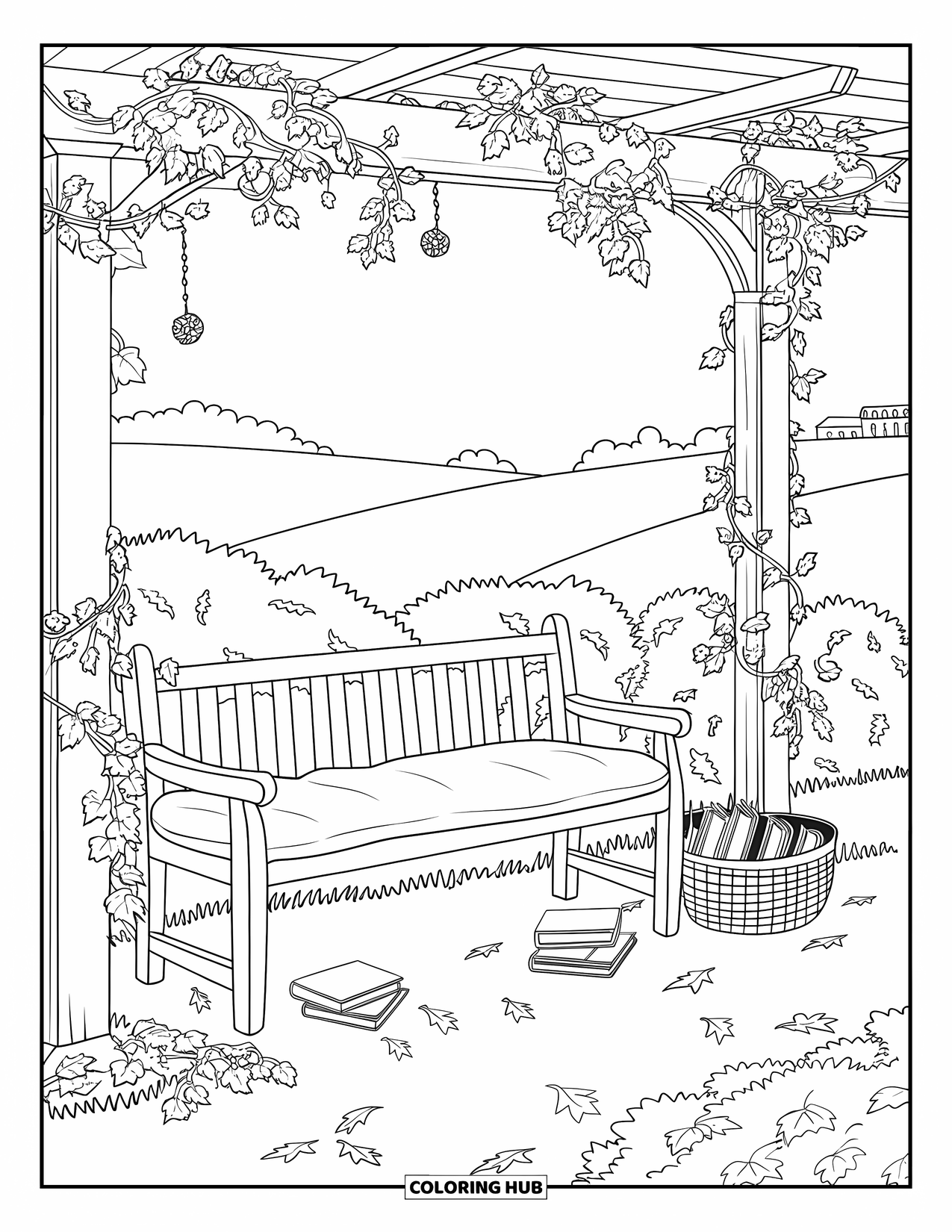 Library Coloring Page for Adults: A wooden bench with books and a cushion sits beneath a vine-covered pergola with hanging decor