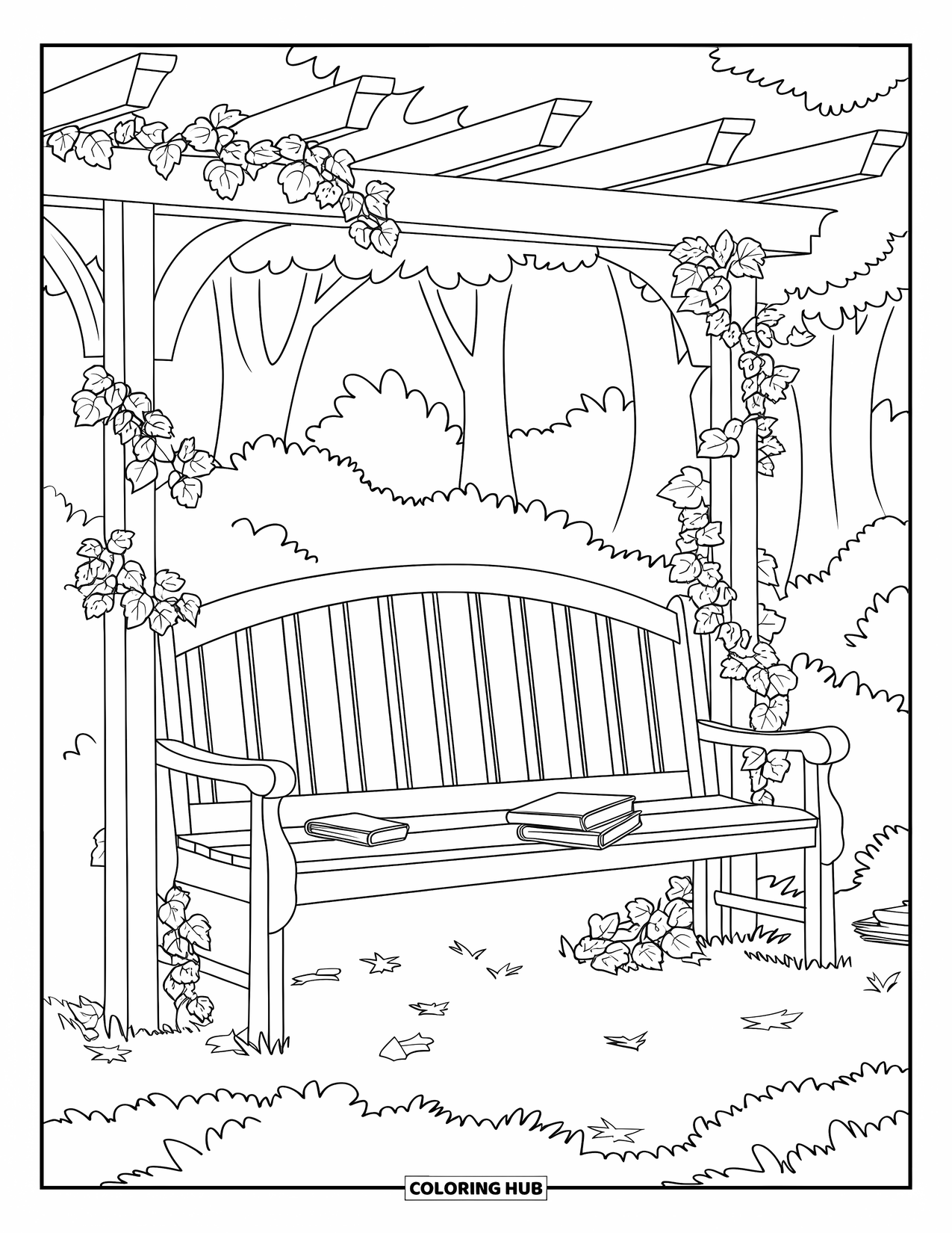 Library Coloring Page for Adults: Books and ivy surround a wooden bench under a pergola in a calm garden space