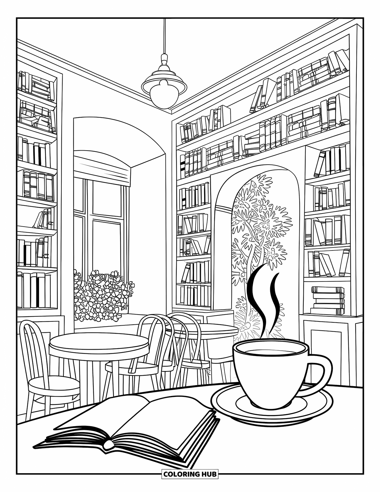 Library Coloring Page for Adults: Books fill arched shelves beside a table, plant, and window with a hanging light