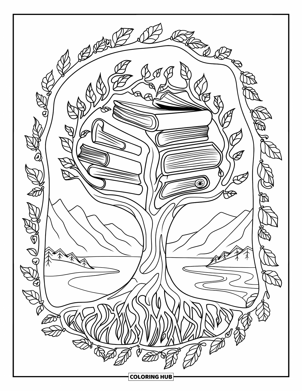 Library Coloring Page for Adults: Curved branches filled with books rise above a river and mountains framed by roots