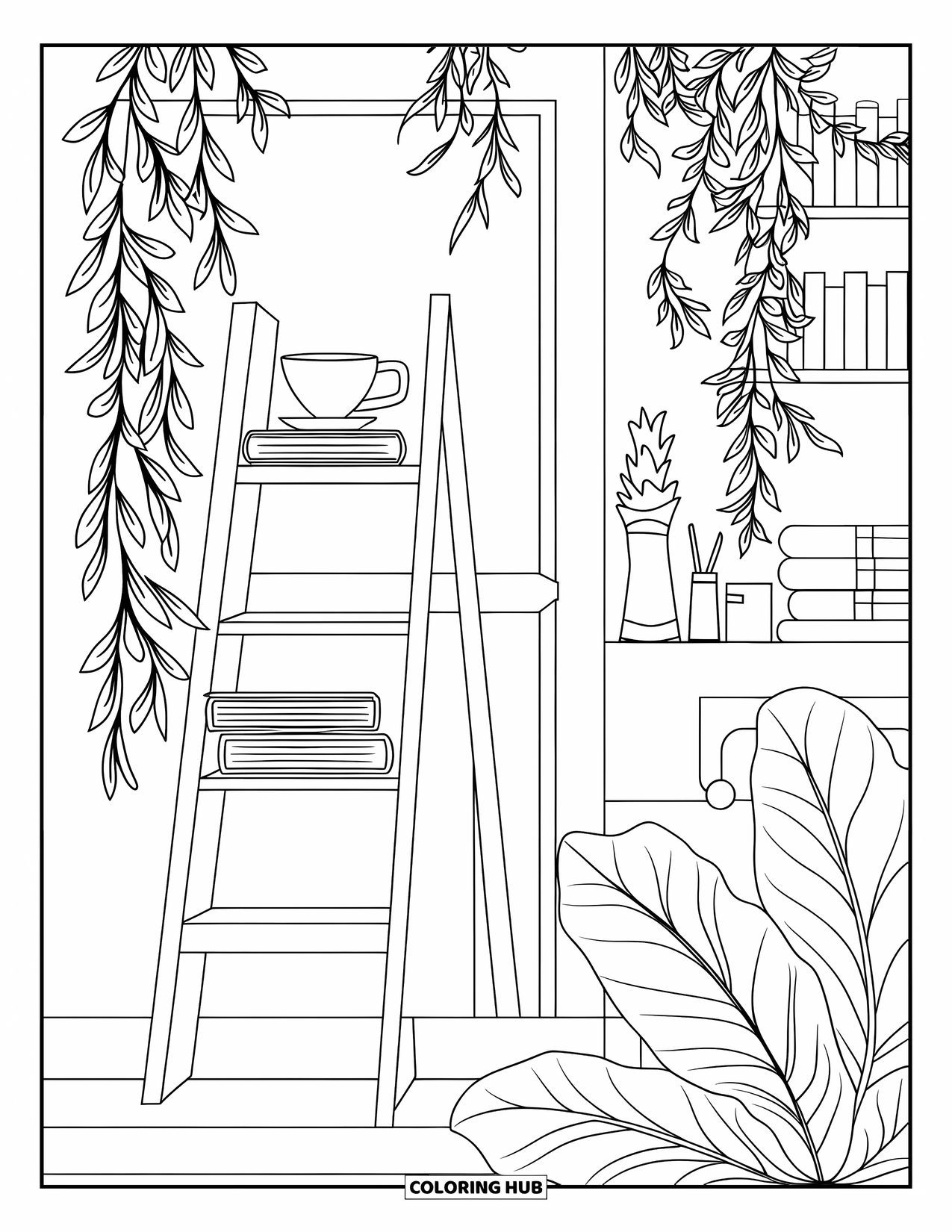 Library Coloring Page for Adults: Stacked books and plants frame a small nook with a ladder shelf and decorative wall items