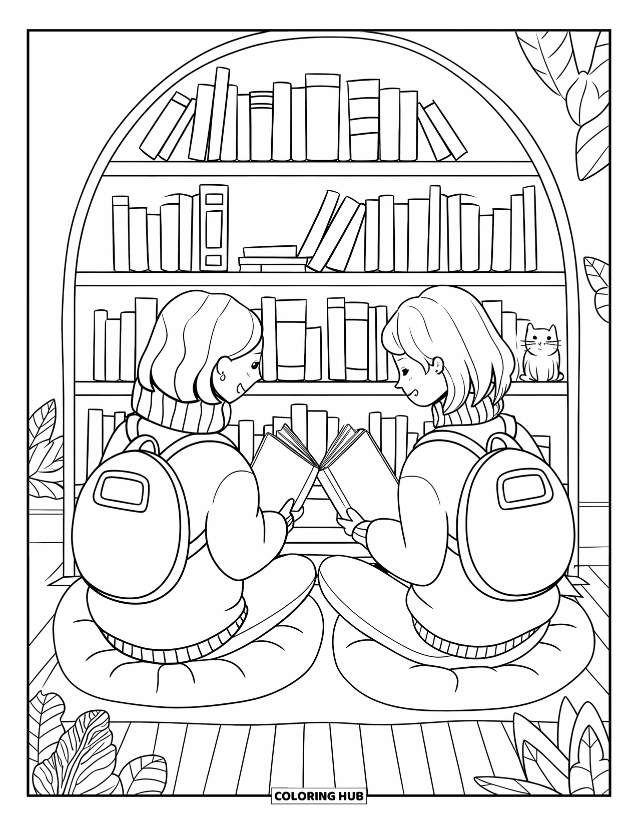 Library Coloring Page for Adults: Two best friends trade books on cushions in front of a cozy rounded shelf