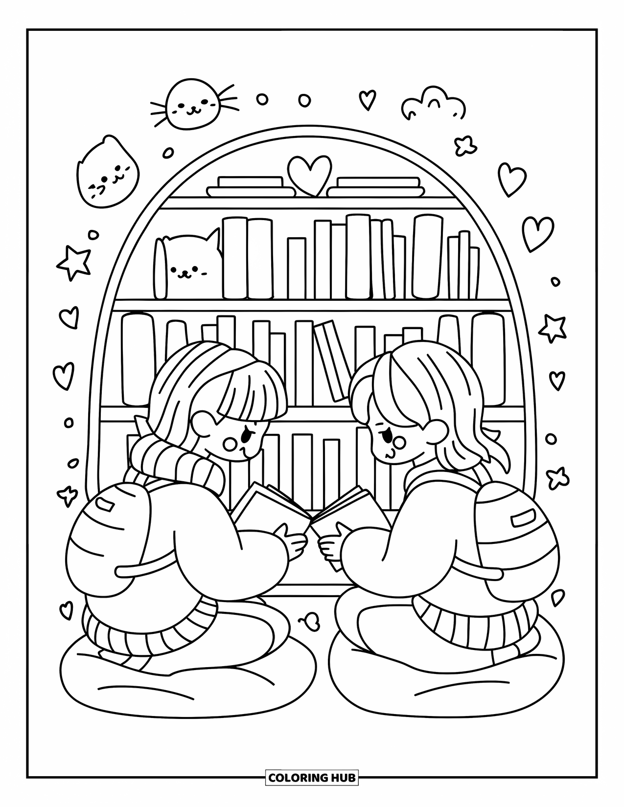 Library Coloring Page for Adults: Two buddies swap books near doodles of a cat, heart, and star