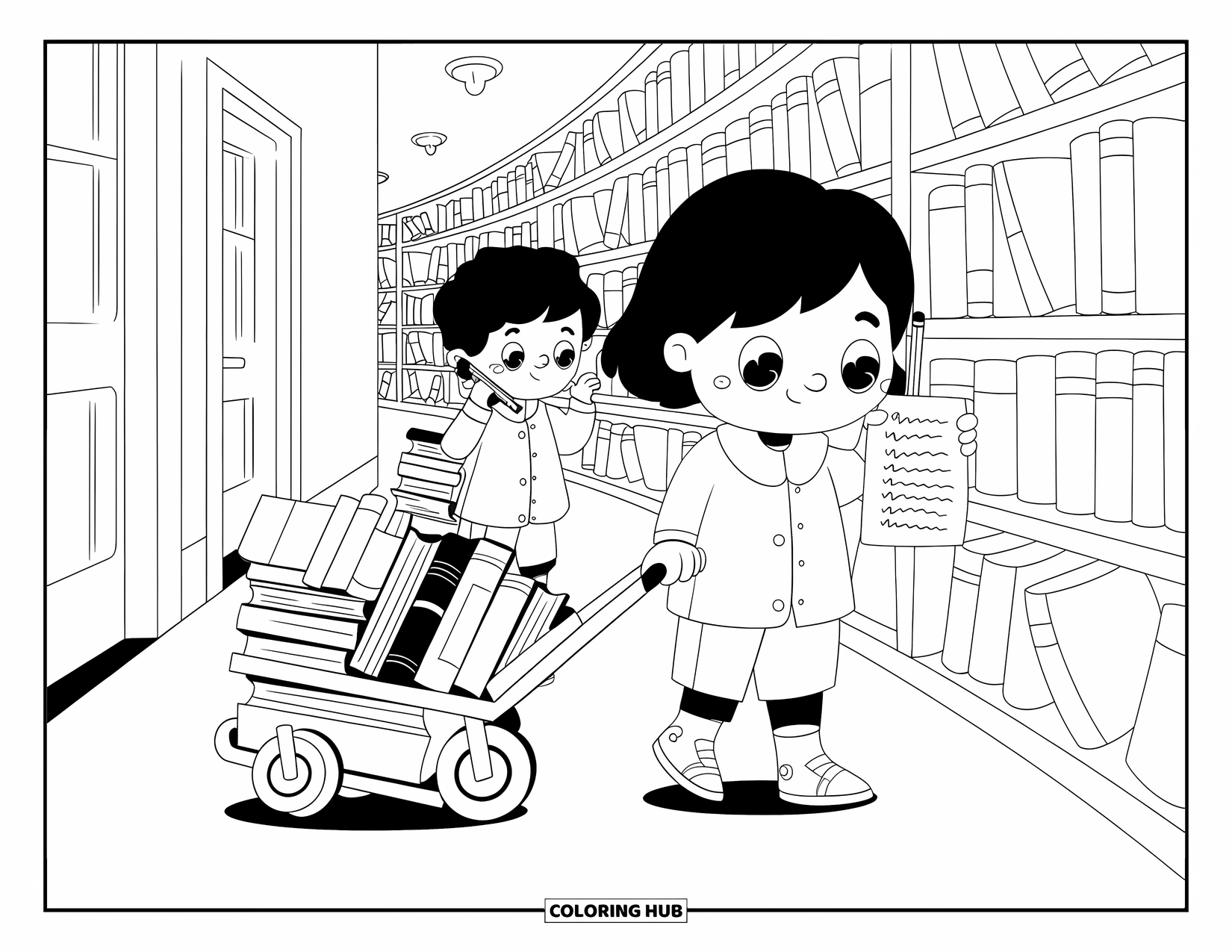 Library Coloring Page for Adults: Two kids wander a quiet hallway with books, one pushing a cart, the other holding a list