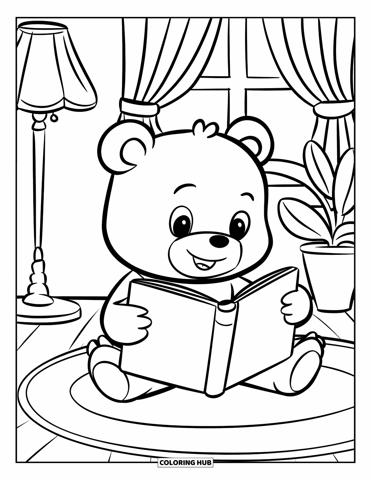 Library Coloring Page for Kids: A bear reads quietly on a floor mat near a lamp, plant, and curtained window