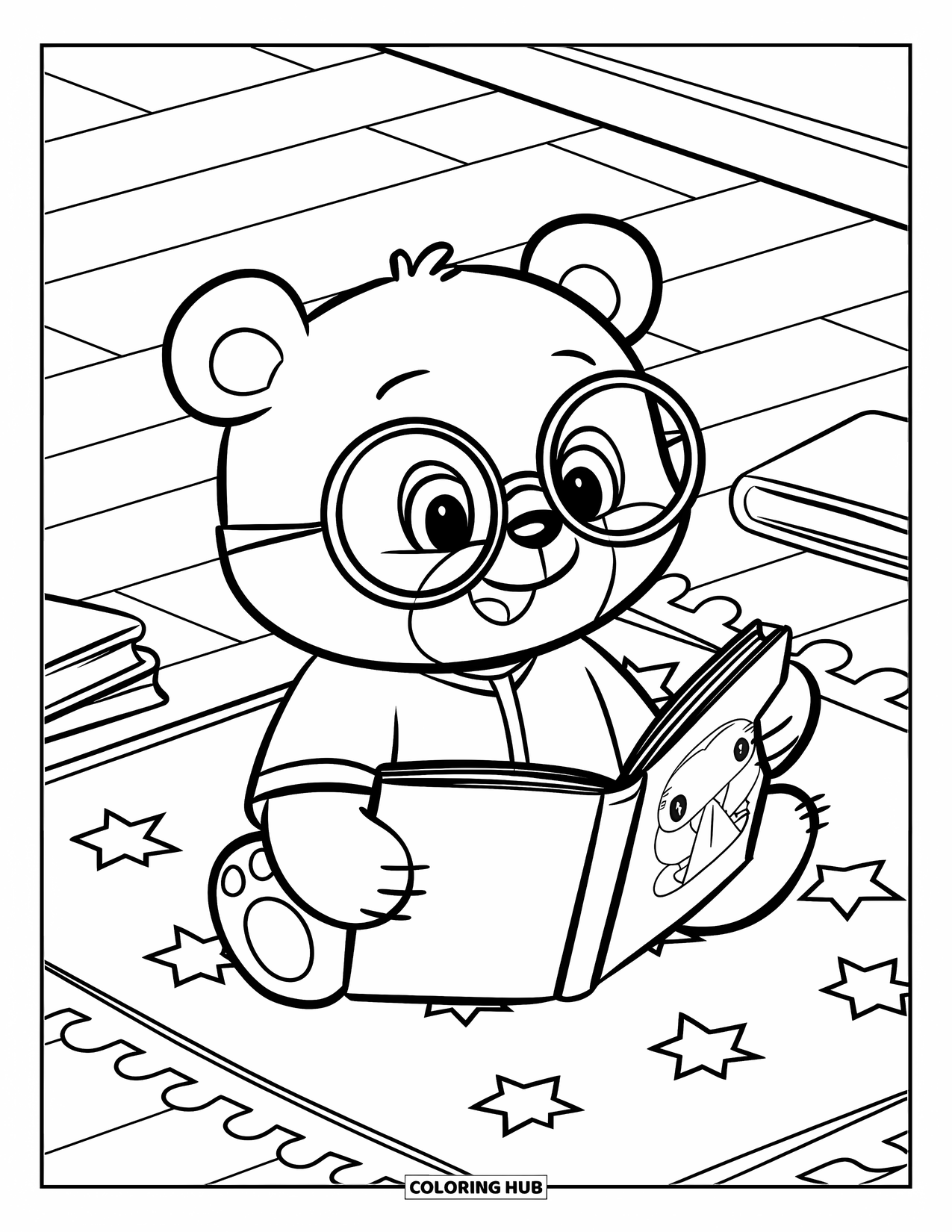 Library Coloring Page for Kids: A bear with glasses reads on a starry mat surrounded by books