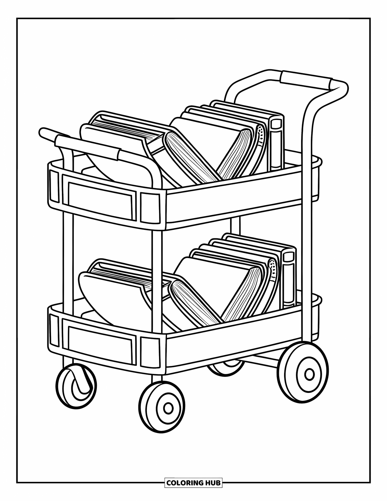 Library Coloring Page for Kids: A book cart holds books of all shapes and sizes, with a few opened on top