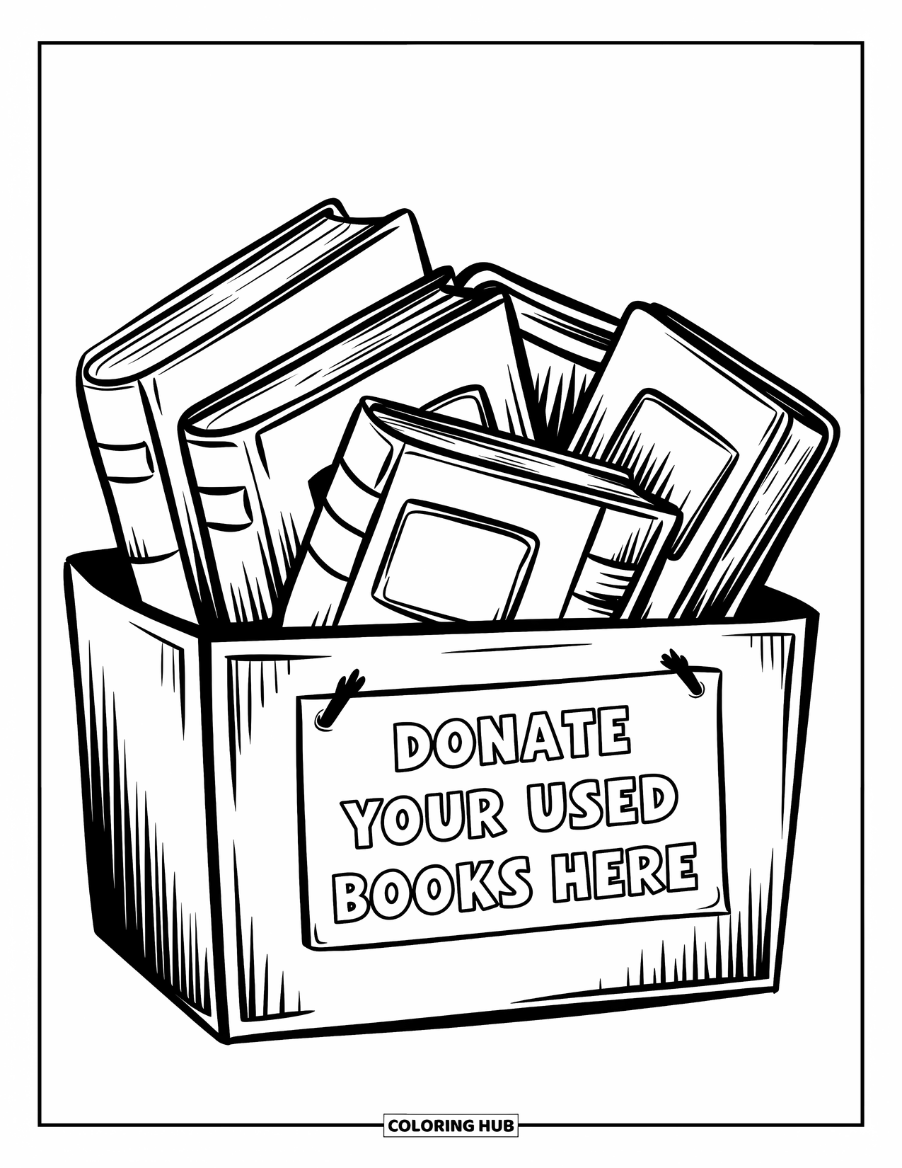 Library Coloring Page for Kids: A book donation box filled with novels sits under a ìDonate Your Used Books Hereî sign