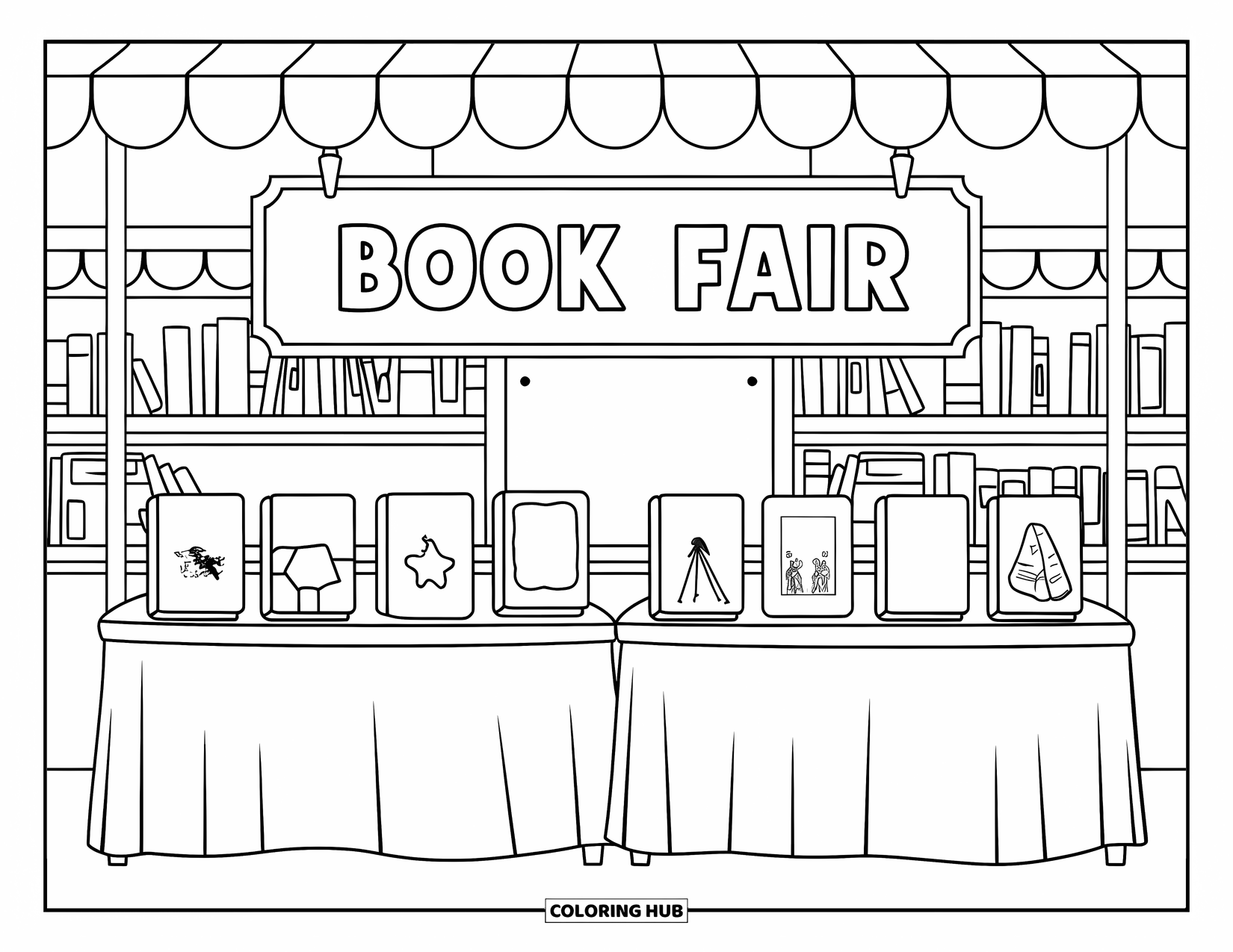 Library Coloring Page for Kids: A book fair booth with tables full of books and shelves stacked in the background