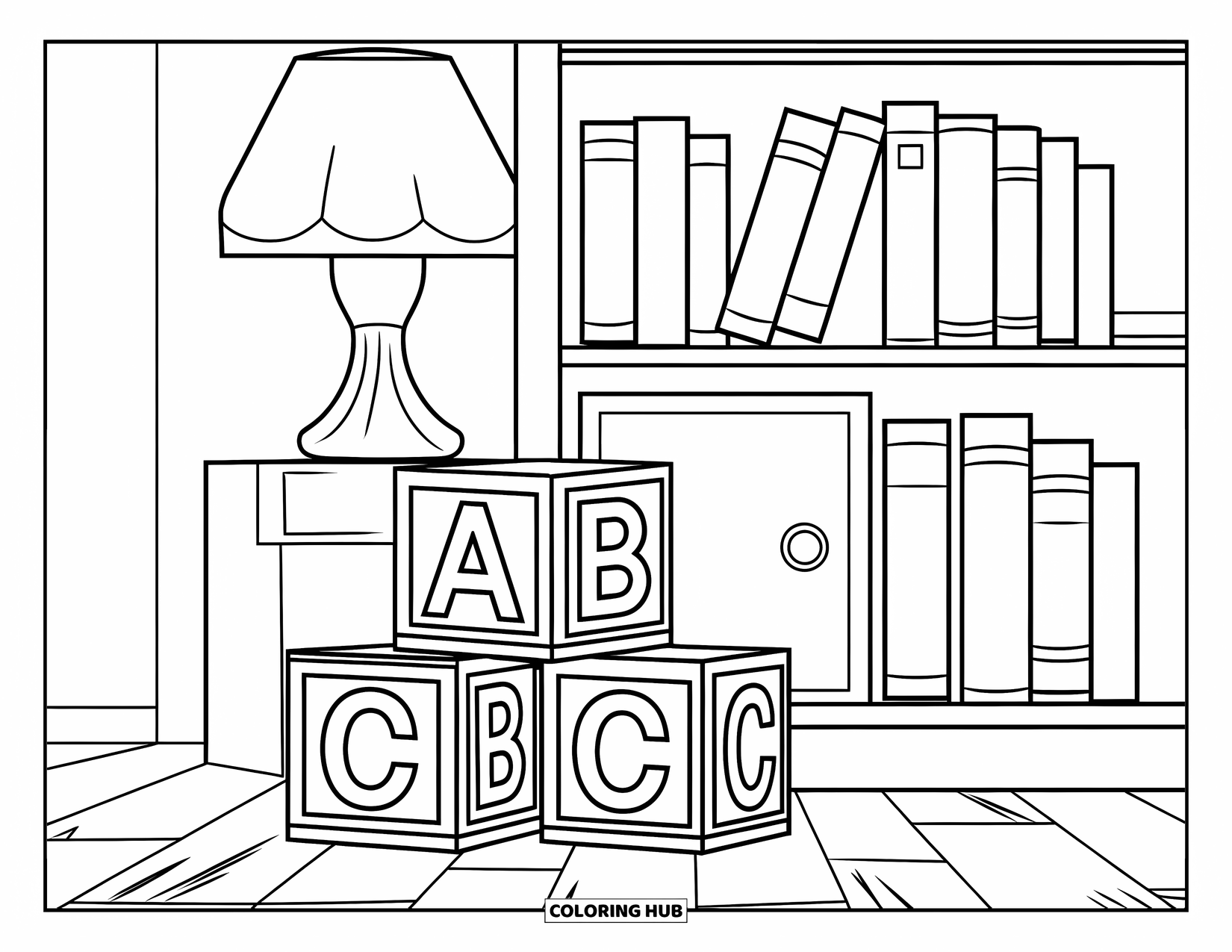 Library Coloring Page for Kids: A bookcase with a lamp and stacked ABC blocks sits on a wooden floor