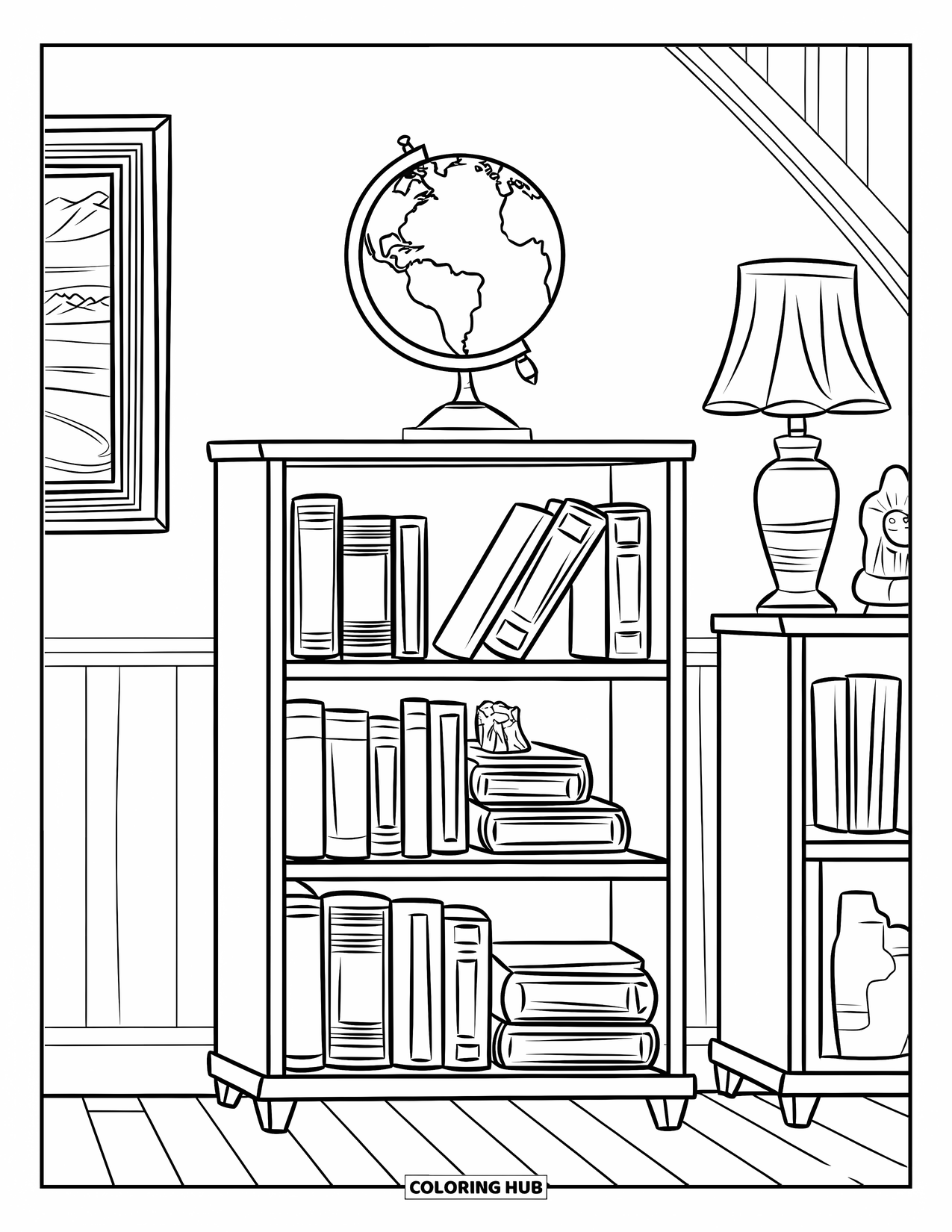 Library Coloring Page for Kids: A bookshelf with books, a globe, and decor sits near a painting on a wooden floor