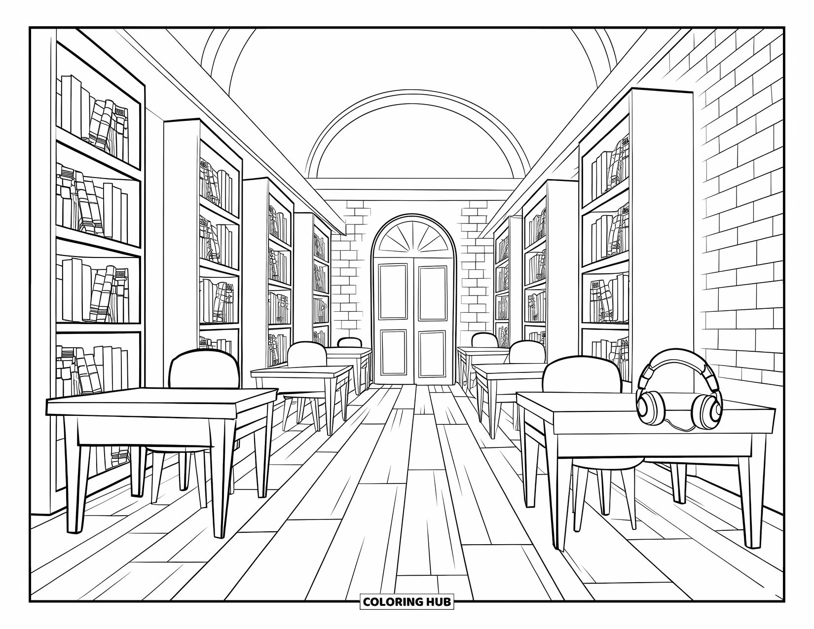 Library Coloring Page for Kids: A bright library study area with desks, headphones, and a cozy corner with bookshelves