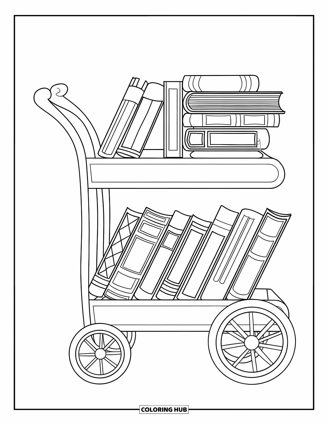 Library Coloring Page for Kids: A cart with a curved handle carries books, including one with a patterned round cover