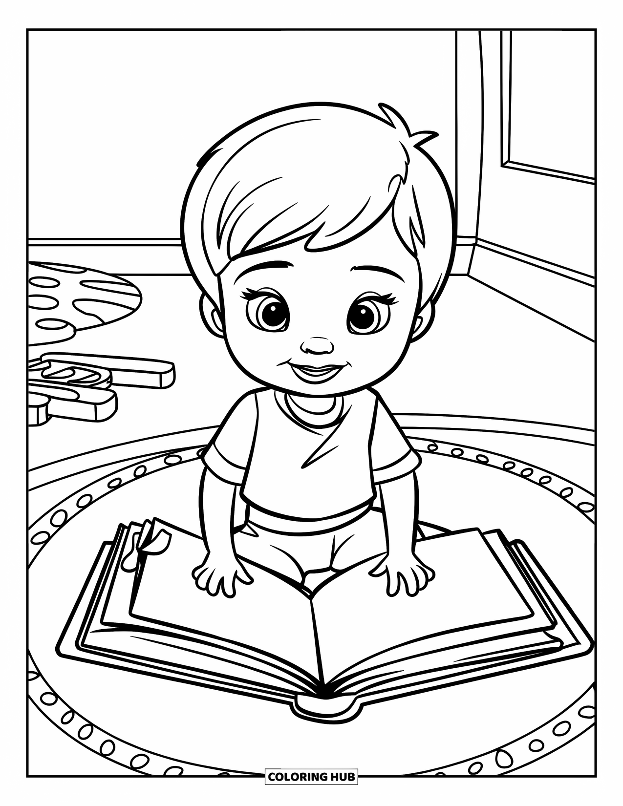 Library Coloring Page for Kids: A cheerful child with short hair reads a book on a rug with toys nearby