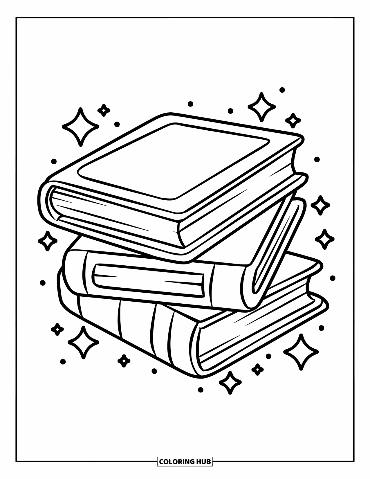 Library Coloring Page for Kids: A cheerful stack of books with stars scattered above