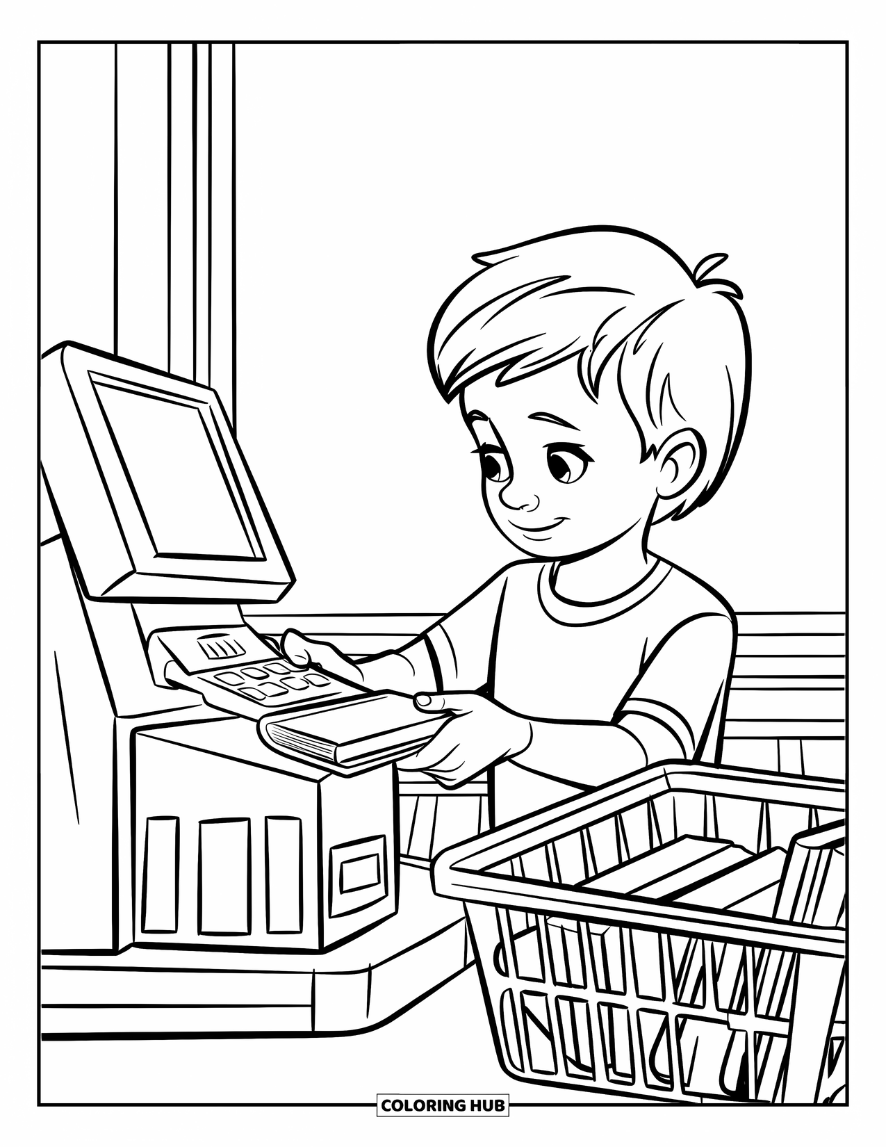 Library Coloring Page for Kids: A child in a blue shirt scans a book at a self-checkout machine beside a book basket