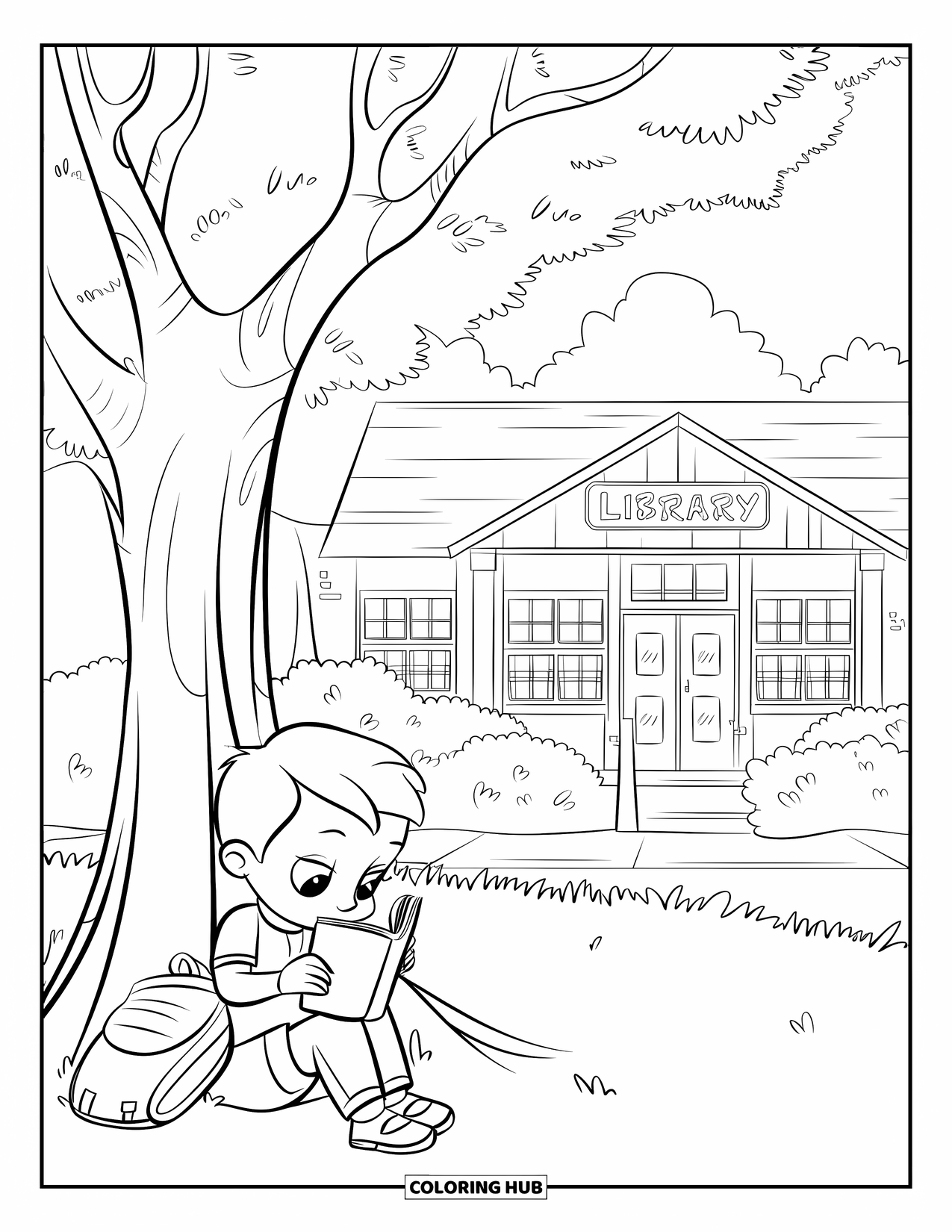 Library Coloring Page for Kids: A child reads under a tree with a backpack nearby and a library in the background