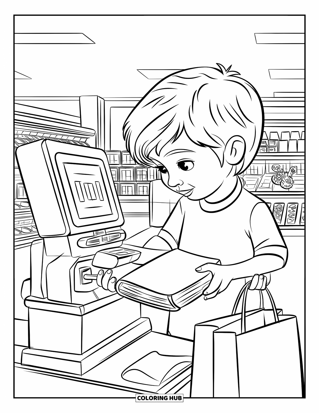 Library Coloring Page for Kids: A child scans a book at a self-checkout machine in a busy grocery store