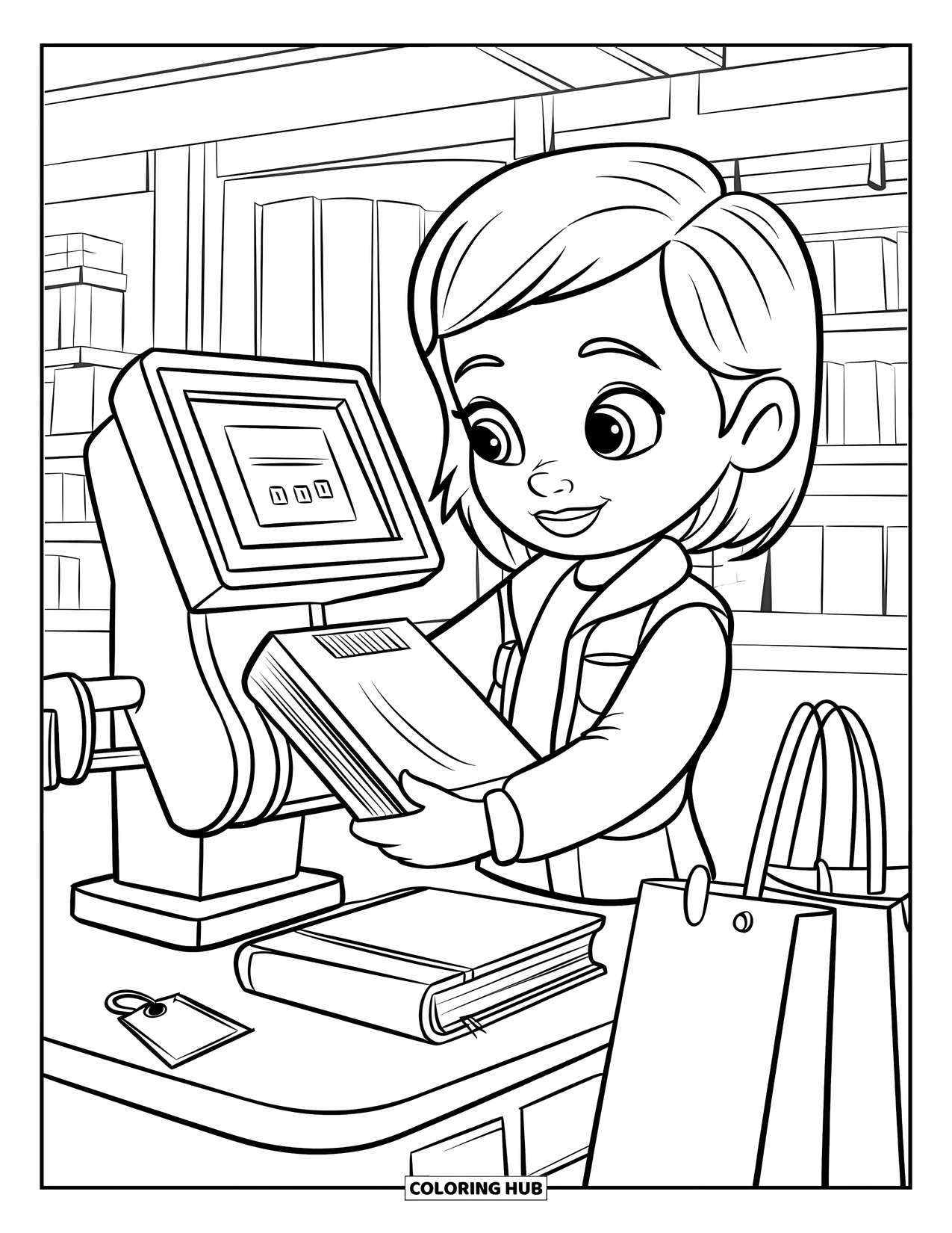 Library Coloring Page for Kids: A child scans a book beside shelves, a shopping bag, and a price tag on the floor
