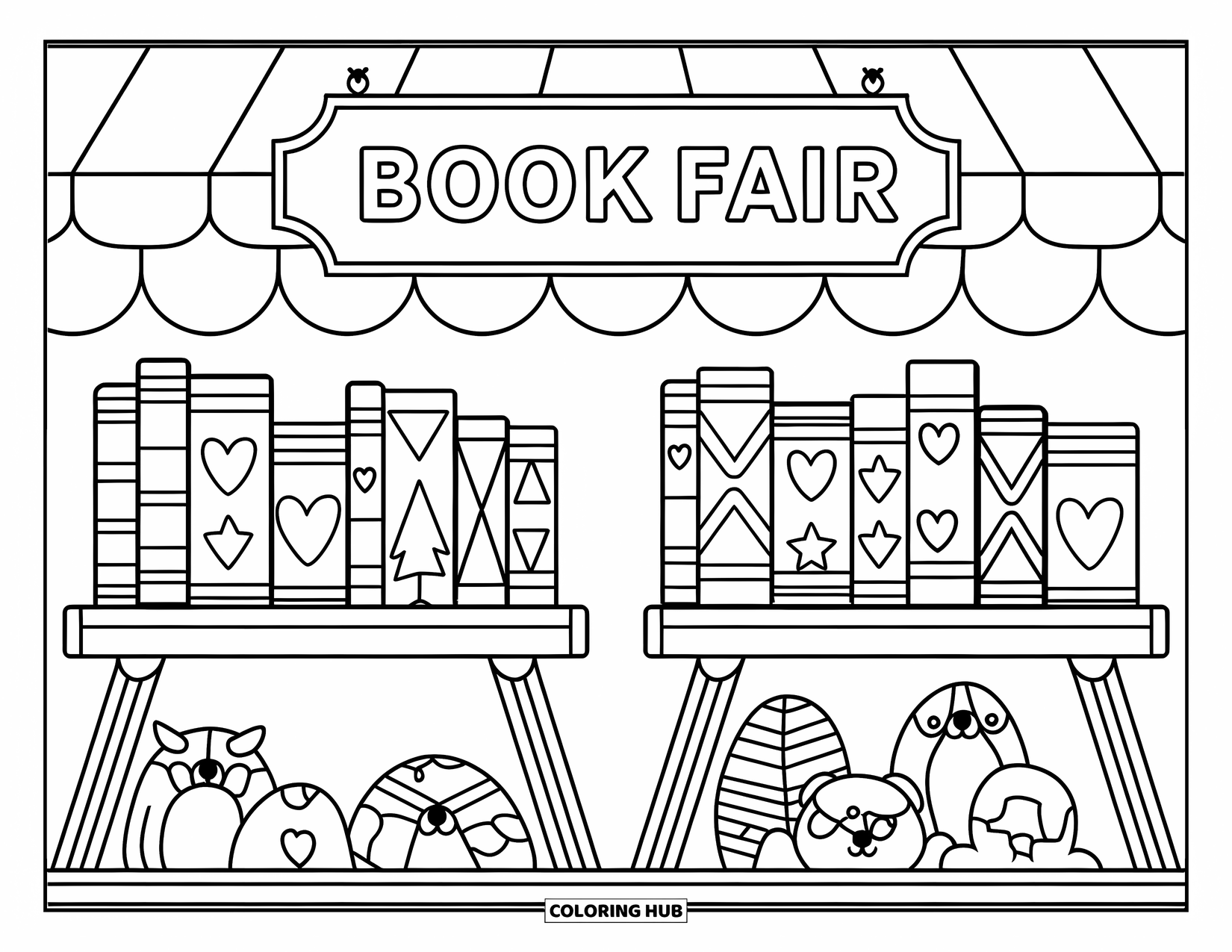 Library Coloring Page for Kids: A colorful mix of books and stuffed animals fill a lively book fair stall