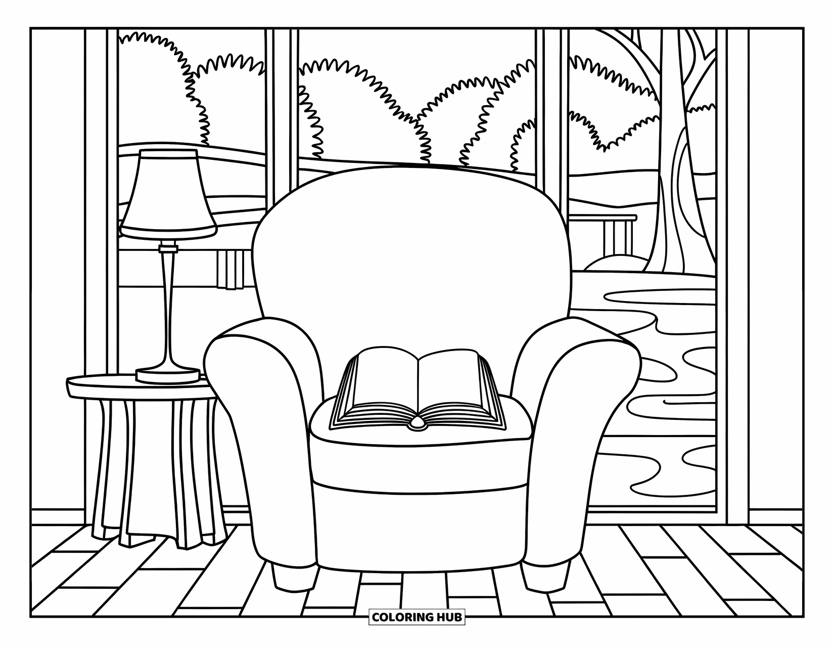 Library Coloring Page for Kids: A comfy chair with a book faces a window showing trees, a bridge, and water