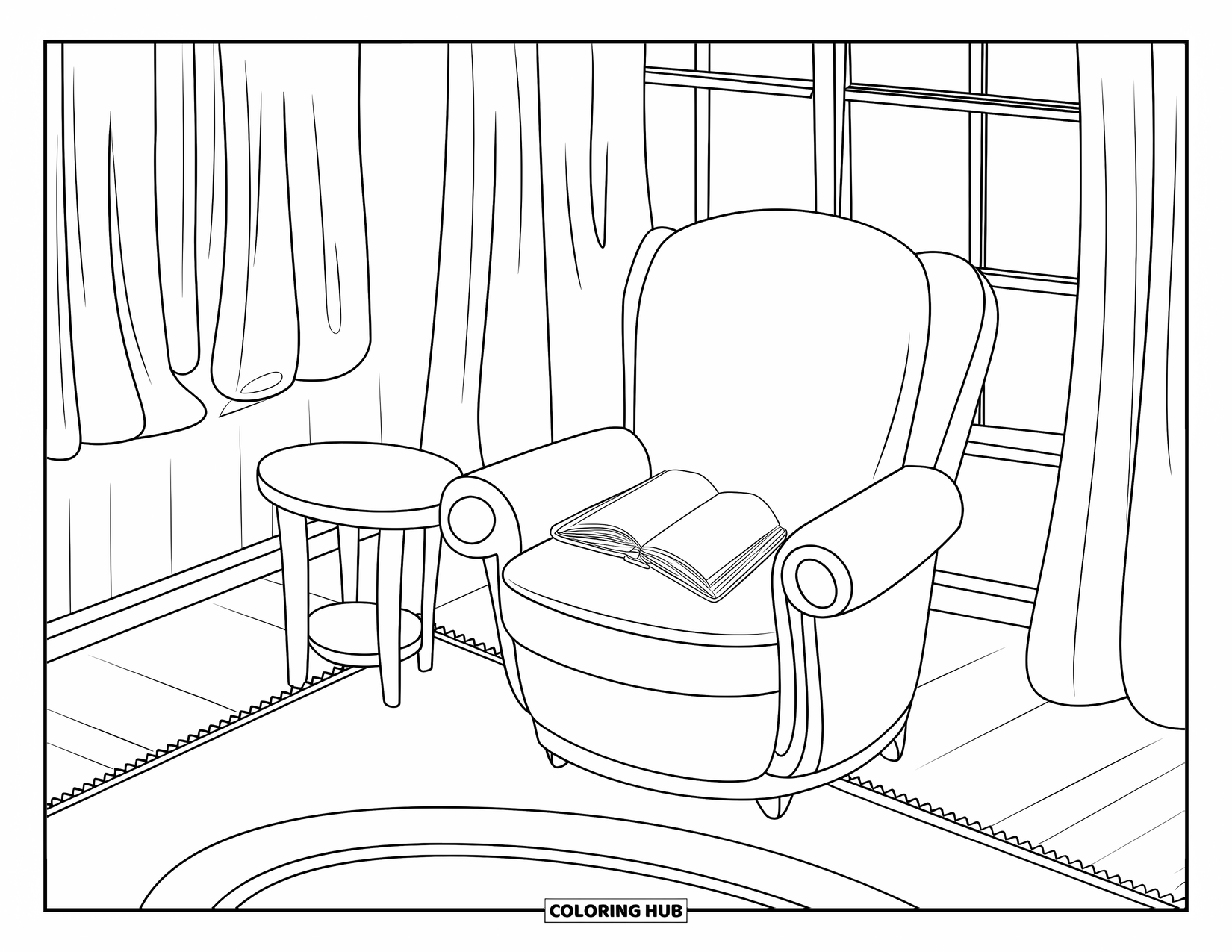 Library Coloring Page for Kids: A cozy chair with a book and a small table sits near a curtained window