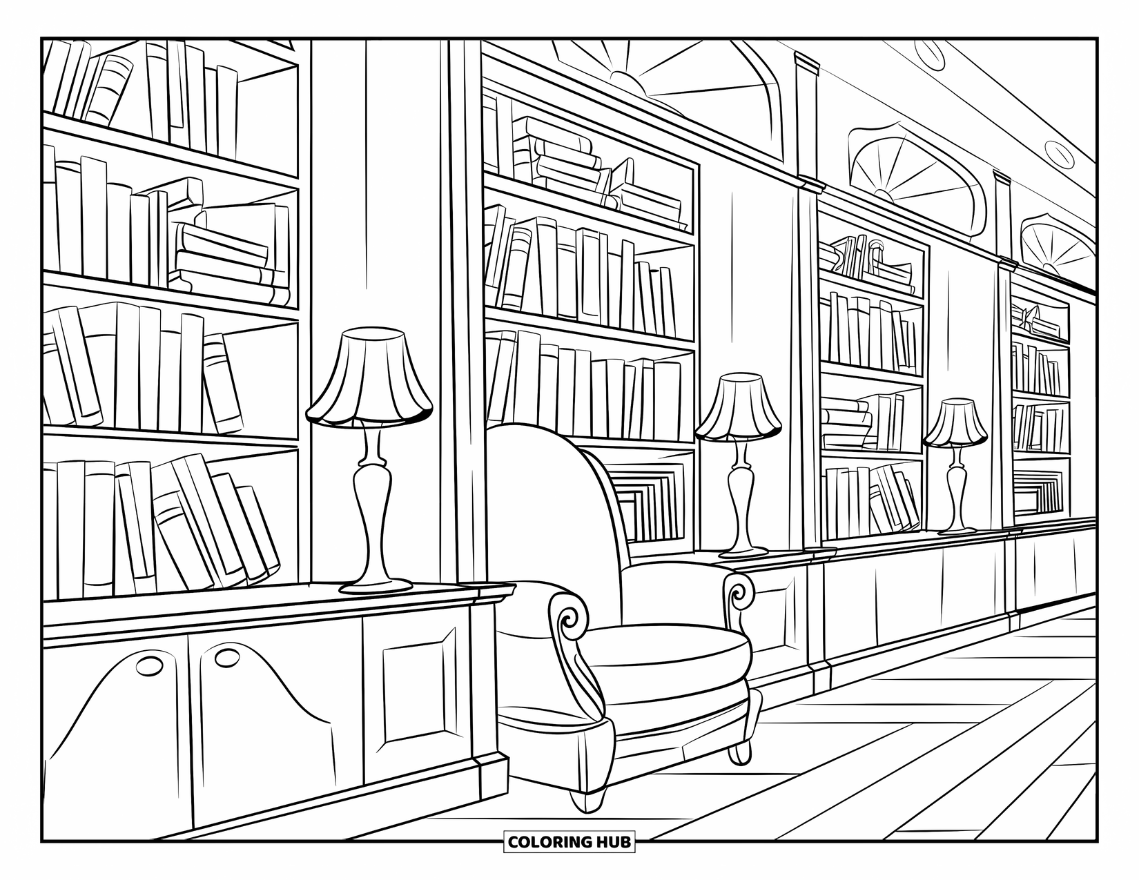 Library Coloring Page for Kids: A cozy reading corner with bookshelves, lamps, and a cushioned chair on a wooden floor