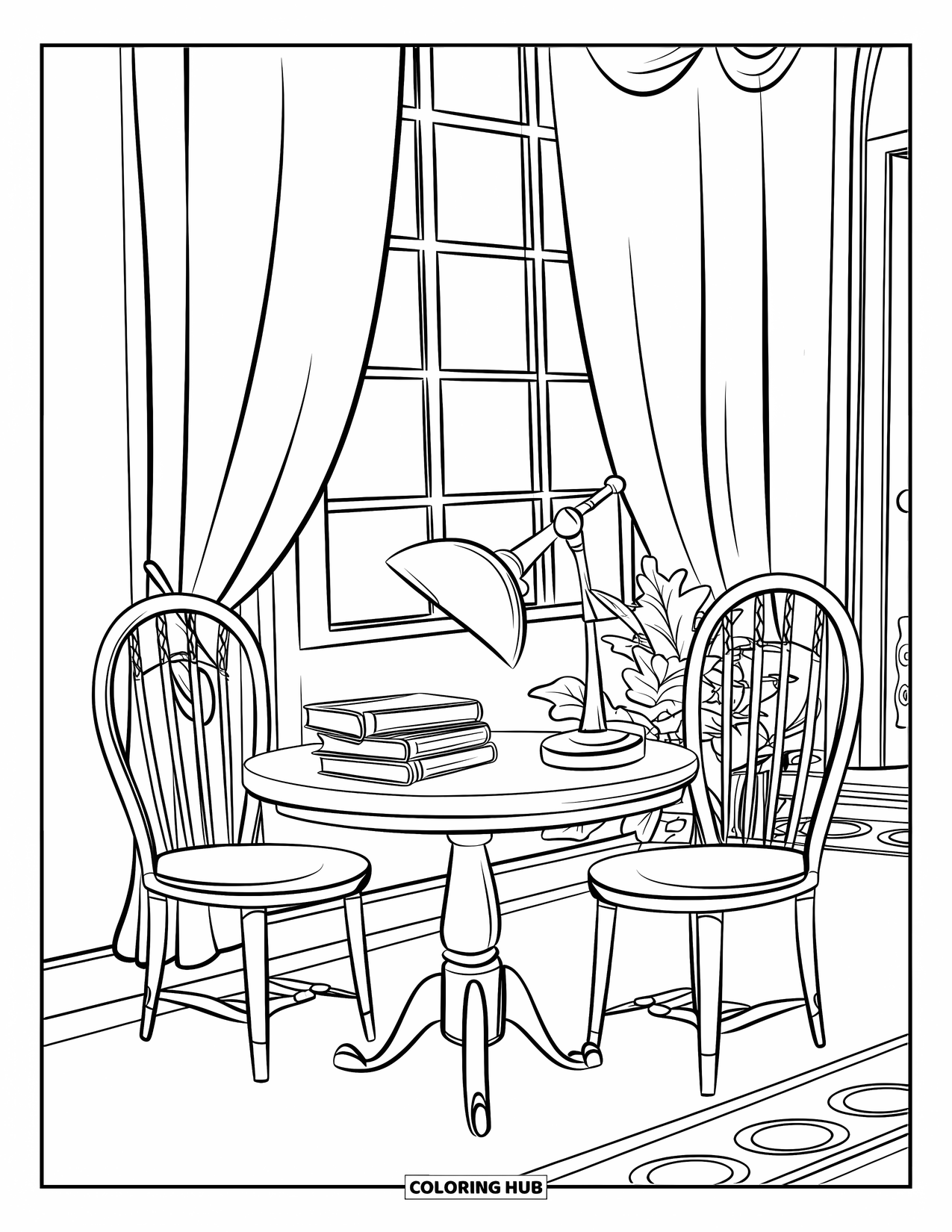 Library Coloring Page for Kids: A cozy reading table with books, a lamp, and two chairs sits near a curtained window