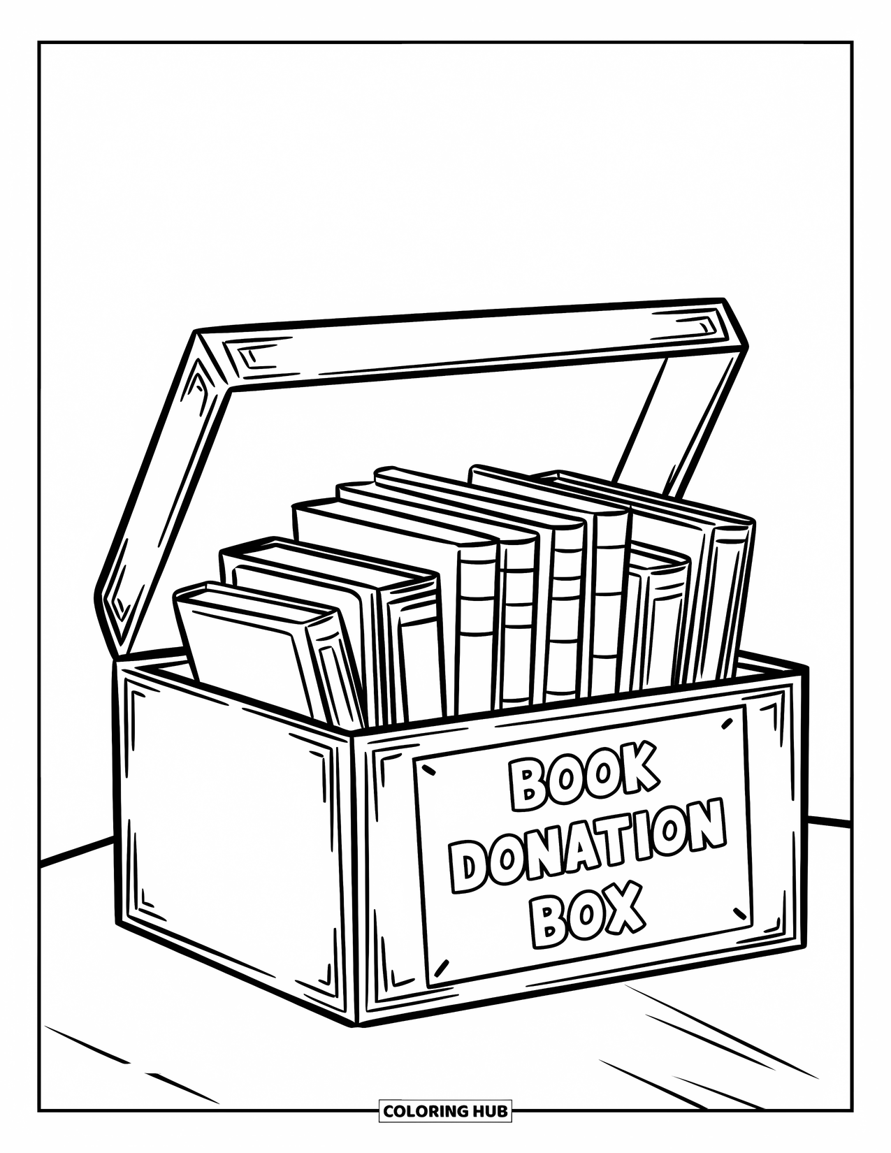 Library Coloring Page for Kids: A donation box full of books rests on a table with a clear ìBook Donation Boxî sign