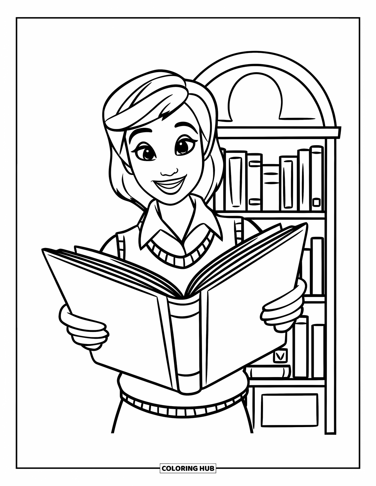 Library Coloring Page for Kids: A friendly librarian holds a big book beside a small bookshelf