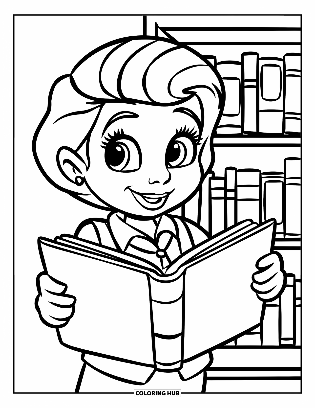 Library Coloring Page for Kids: A kind librarian stands with a large book near a shelf filled with books