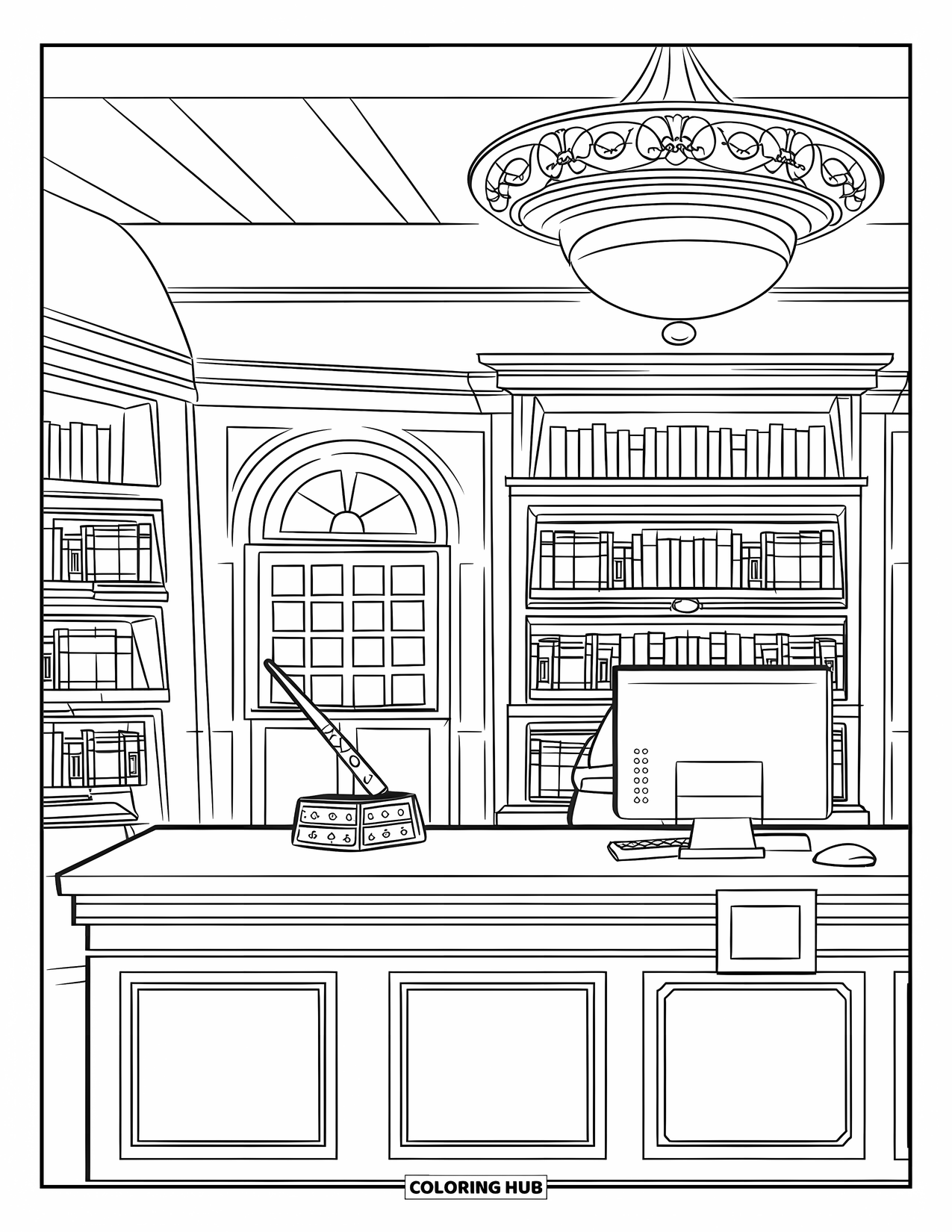Library Coloring Page for Kids: A library front desk holds a magical wand, books, and a glowing chandelier above