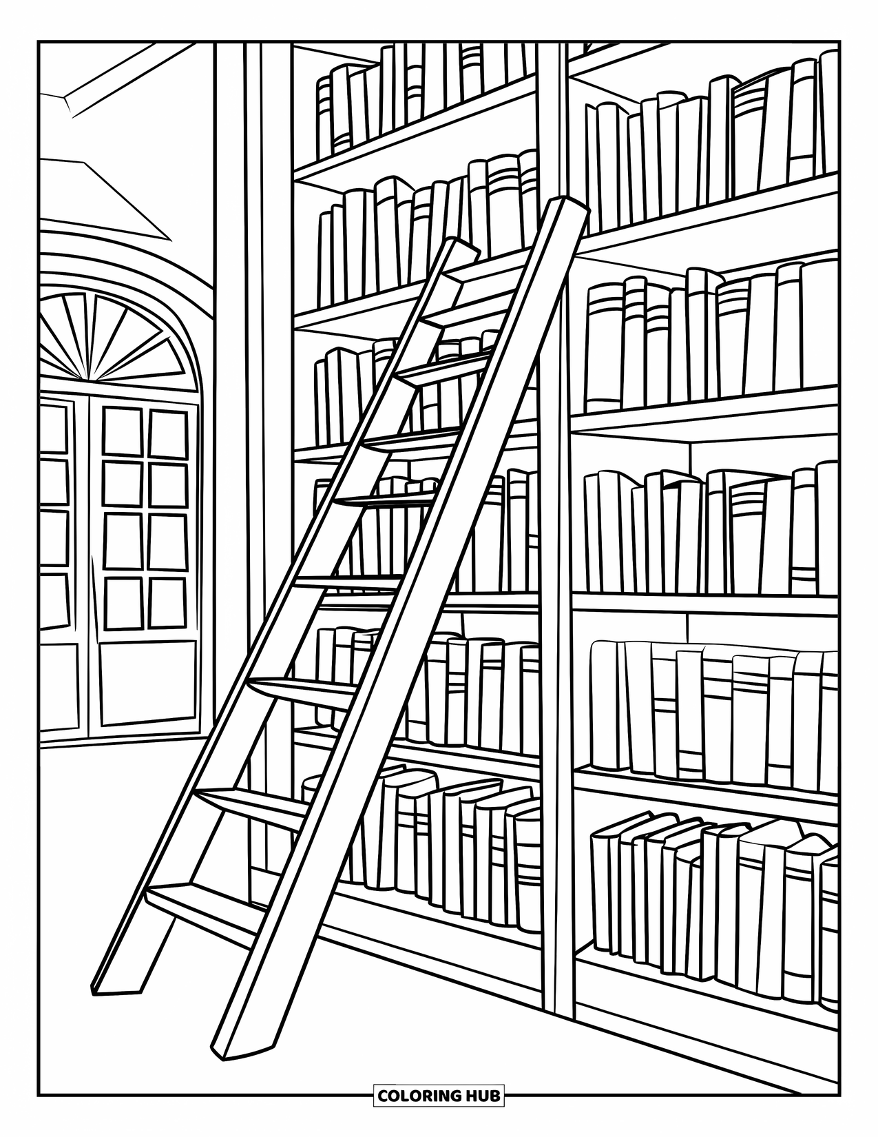Library Coloring Page for Kids: A library ladder rests against labeled bookshelves in a room with a window and door