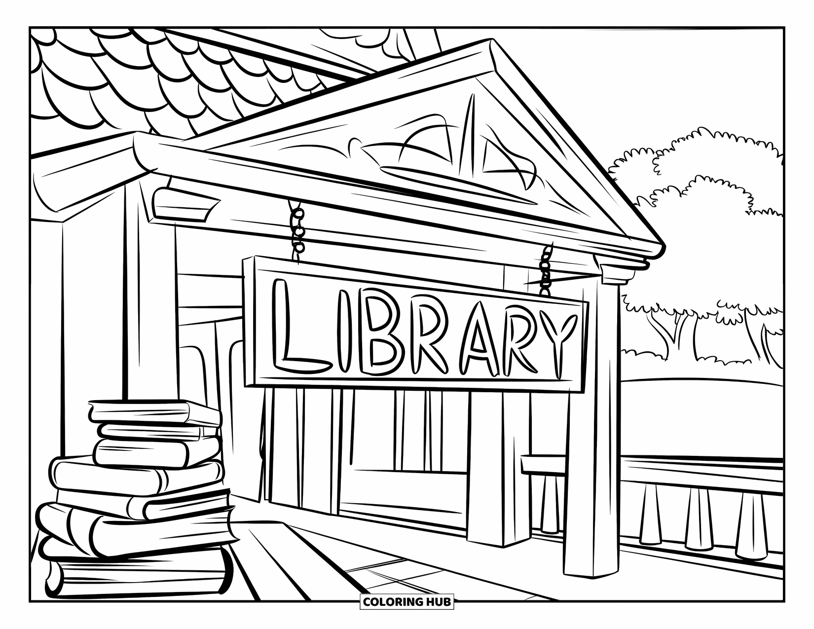 Library Coloring Page for Kids: A library with books on a table stands in a grassy field