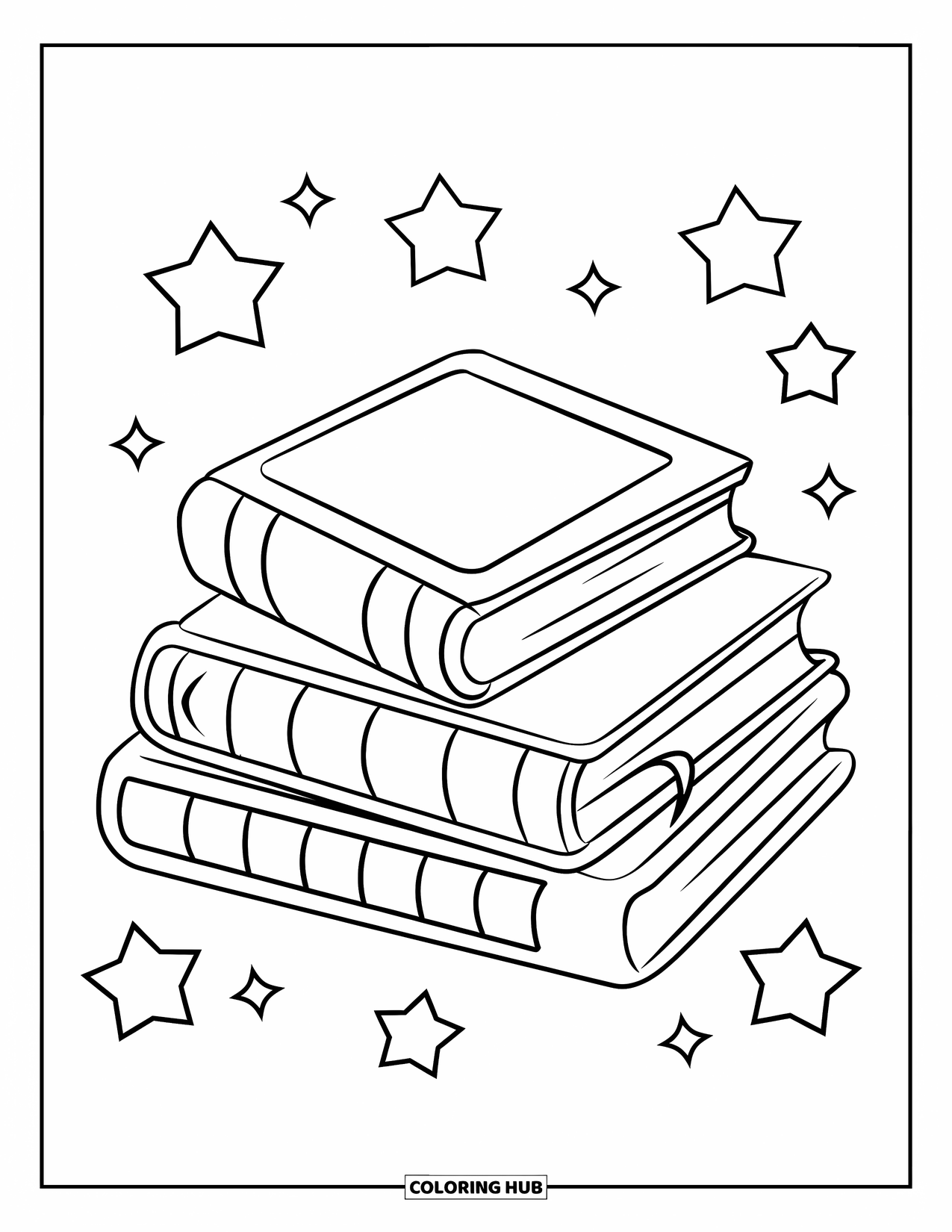Library Coloring Page for Kids: A neat stack of books surrounded by stars in a playful layout