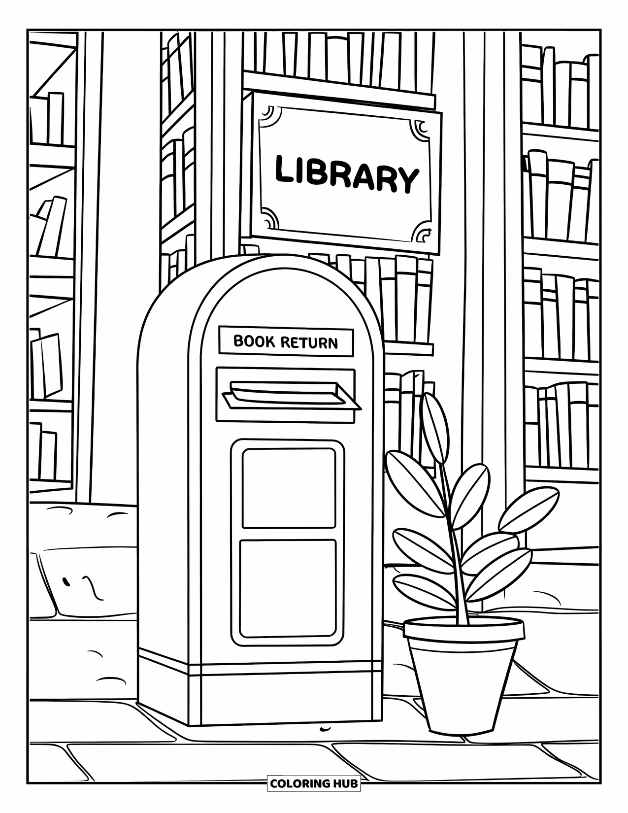 Library Coloring Page for Kids: A return box and plant stand near tall shelves in a neat library corner