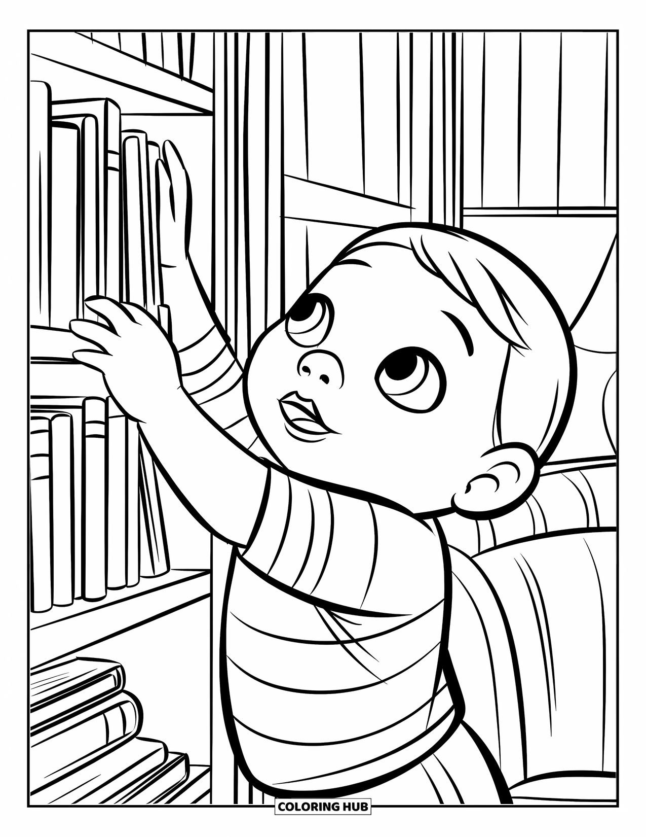 Library Coloring Page for Kids: A smiling child stretches toward a low bookshelf in a warm, comfy room
