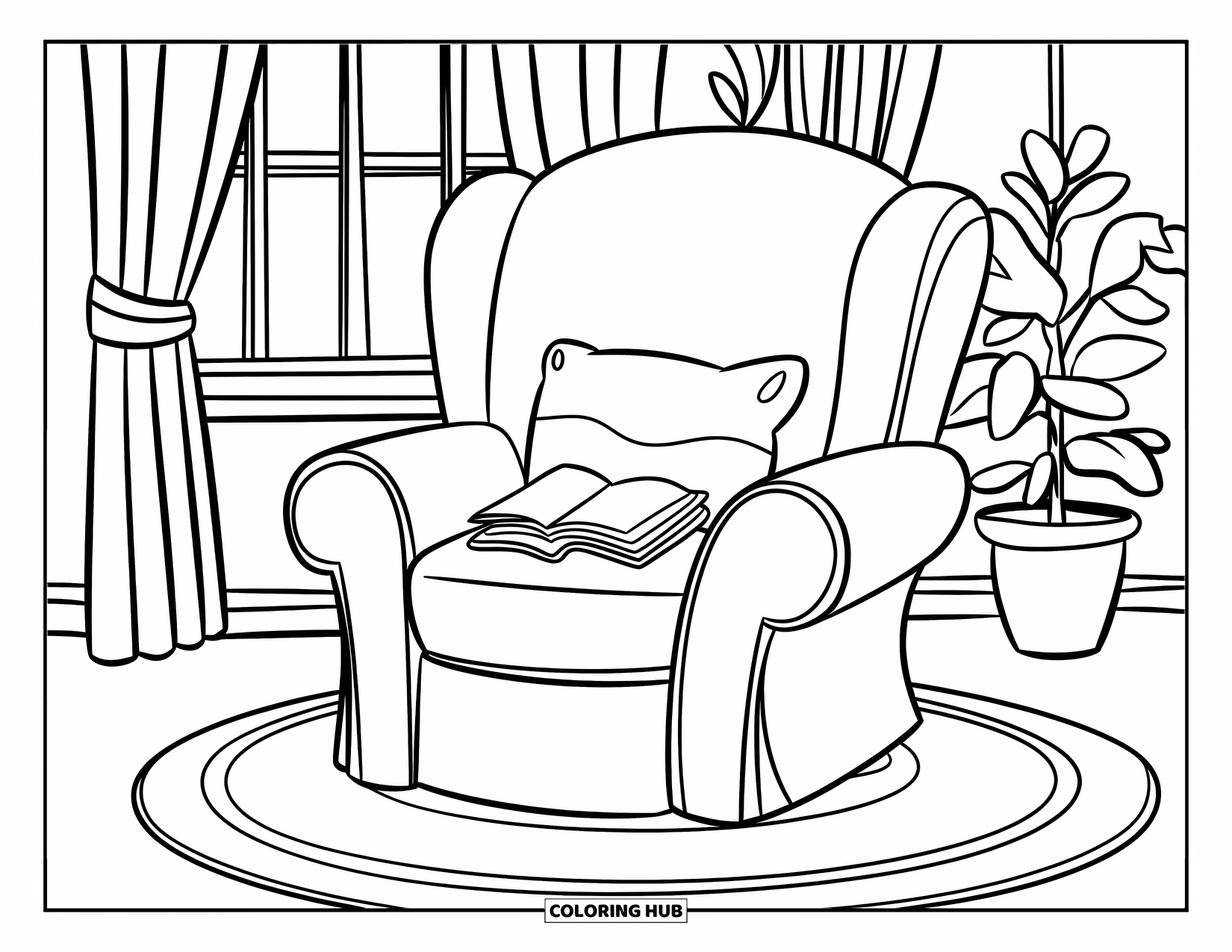 Library Coloring Page for Kids: A soft chair with a pillow and book sits beside a plant and rug