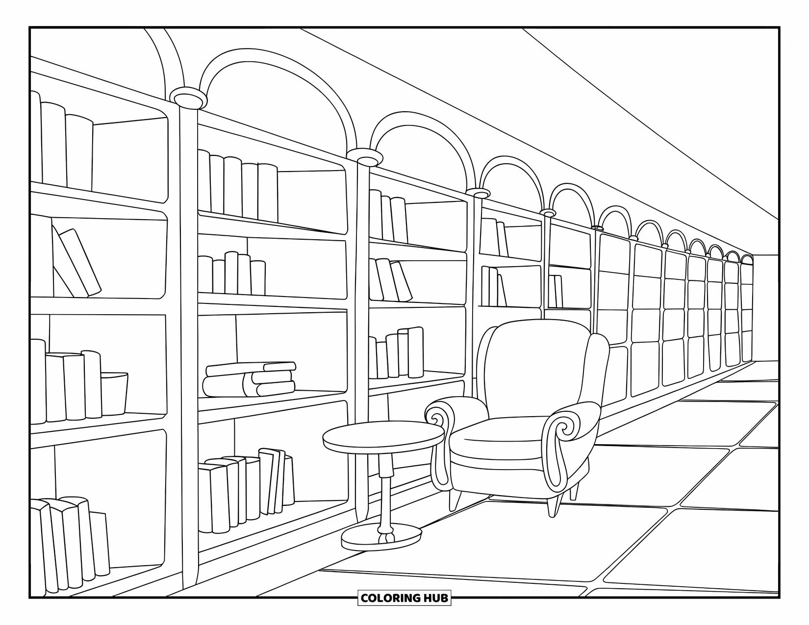 Library Coloring Page for Kids: A soft-lit reading area with bookshelves, a chair, and a tiled floor offers a cozy vibe