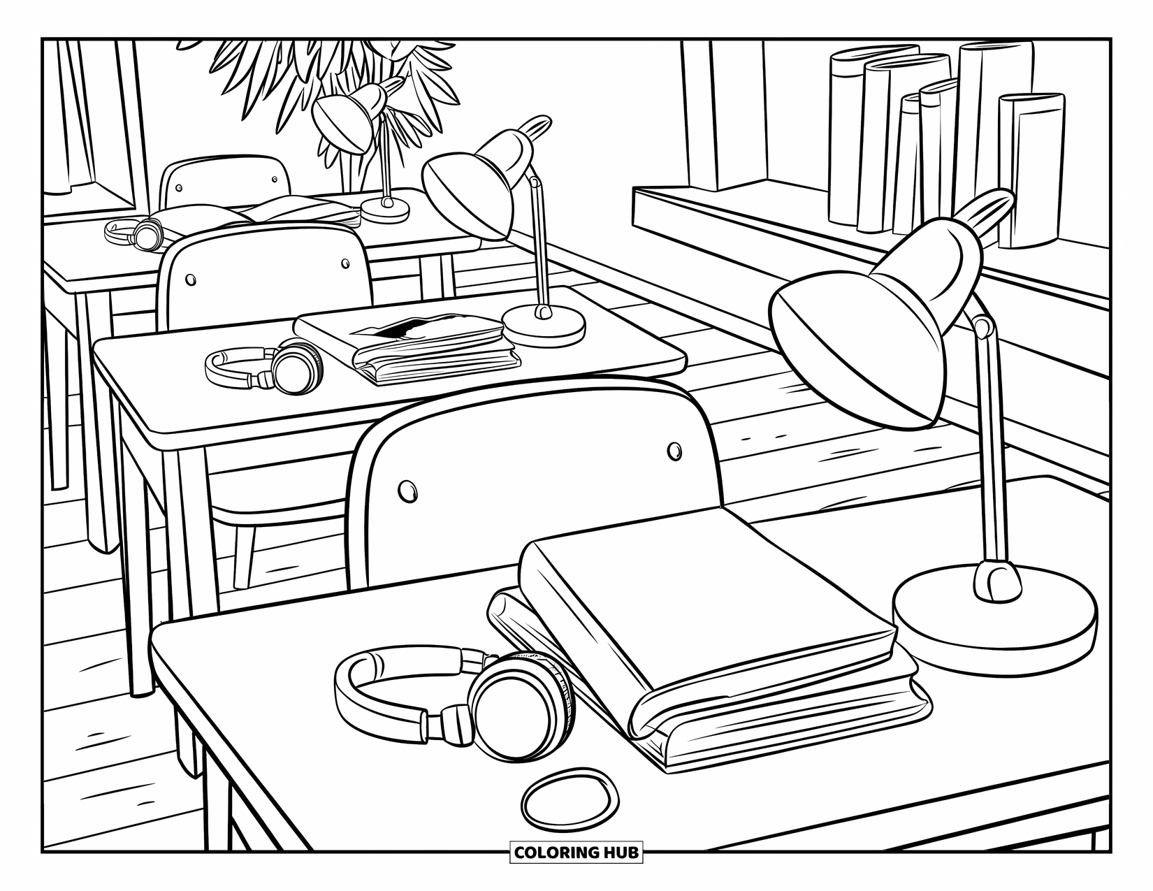 Library Coloring Page for Kids: A study zone with desks, books, lamps, and headphones arranged in a cozy library room