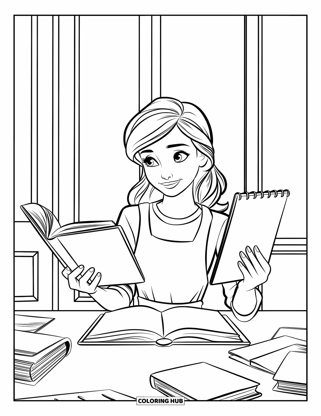 Library Coloring Page for Kids: A teen girl sits at a desk holding a book and notepad, surrounded by scattered references