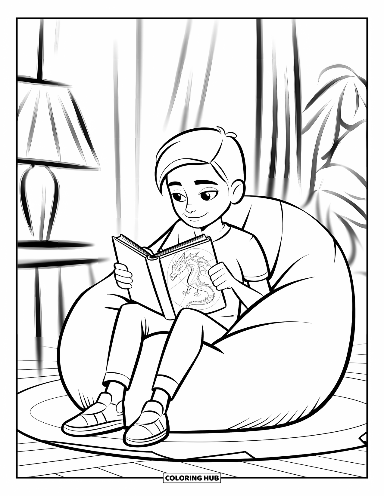 Library Coloring Page for Kids: A teen with a fantasy book lounges in a bean bag with a cozy room around