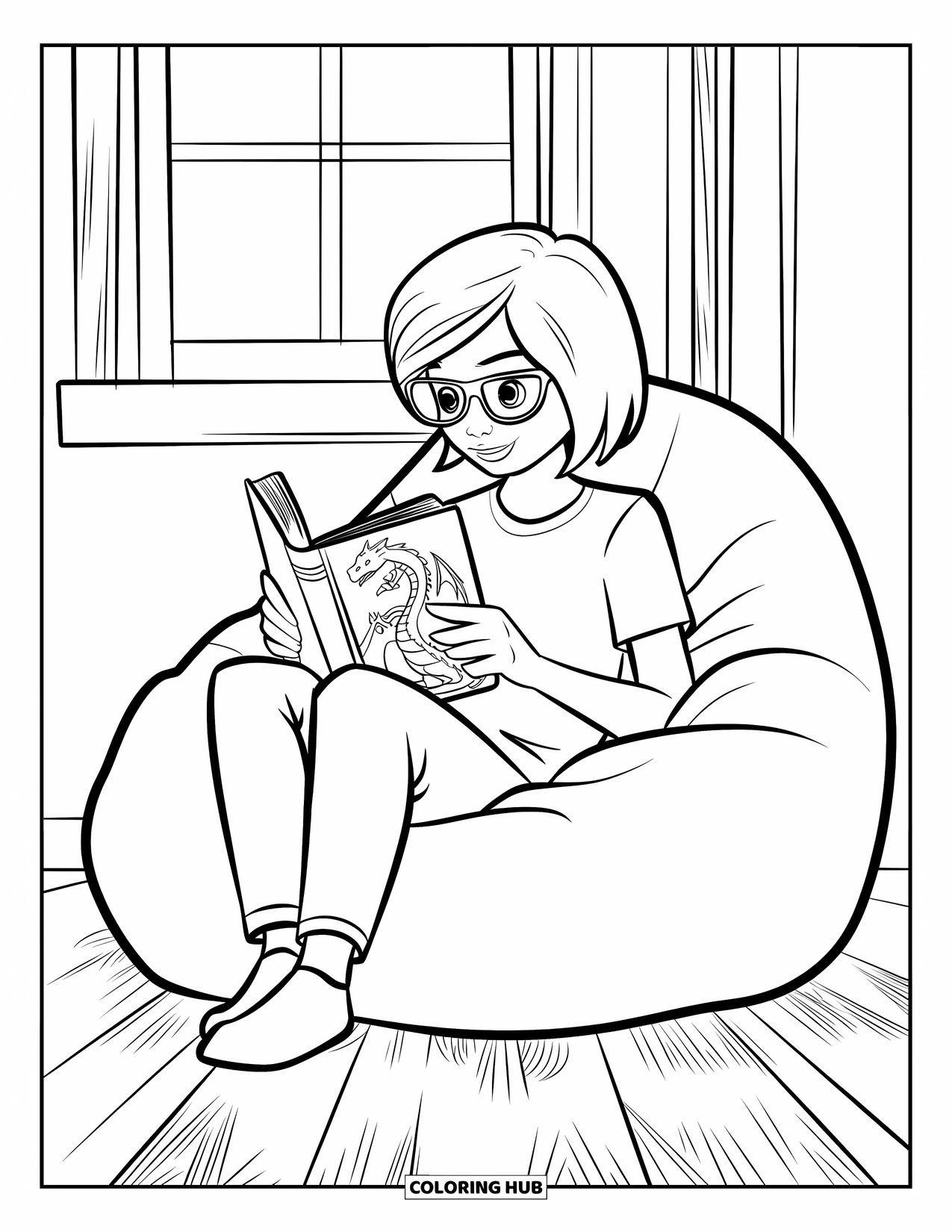 Library Coloring Page for Kids: A teen with glasses reads a dragon book while resting in a comfy bean bag chair