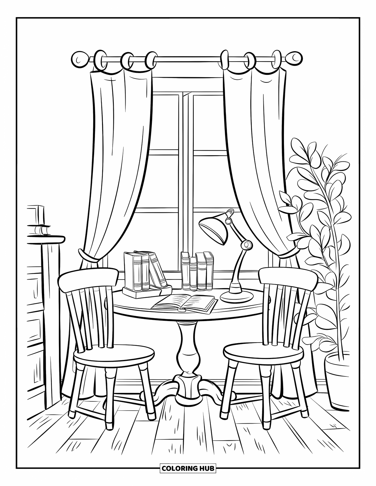 Library Coloring Page for Kids: A warm reading spot with books, a lamp, and chairs near a sunny window