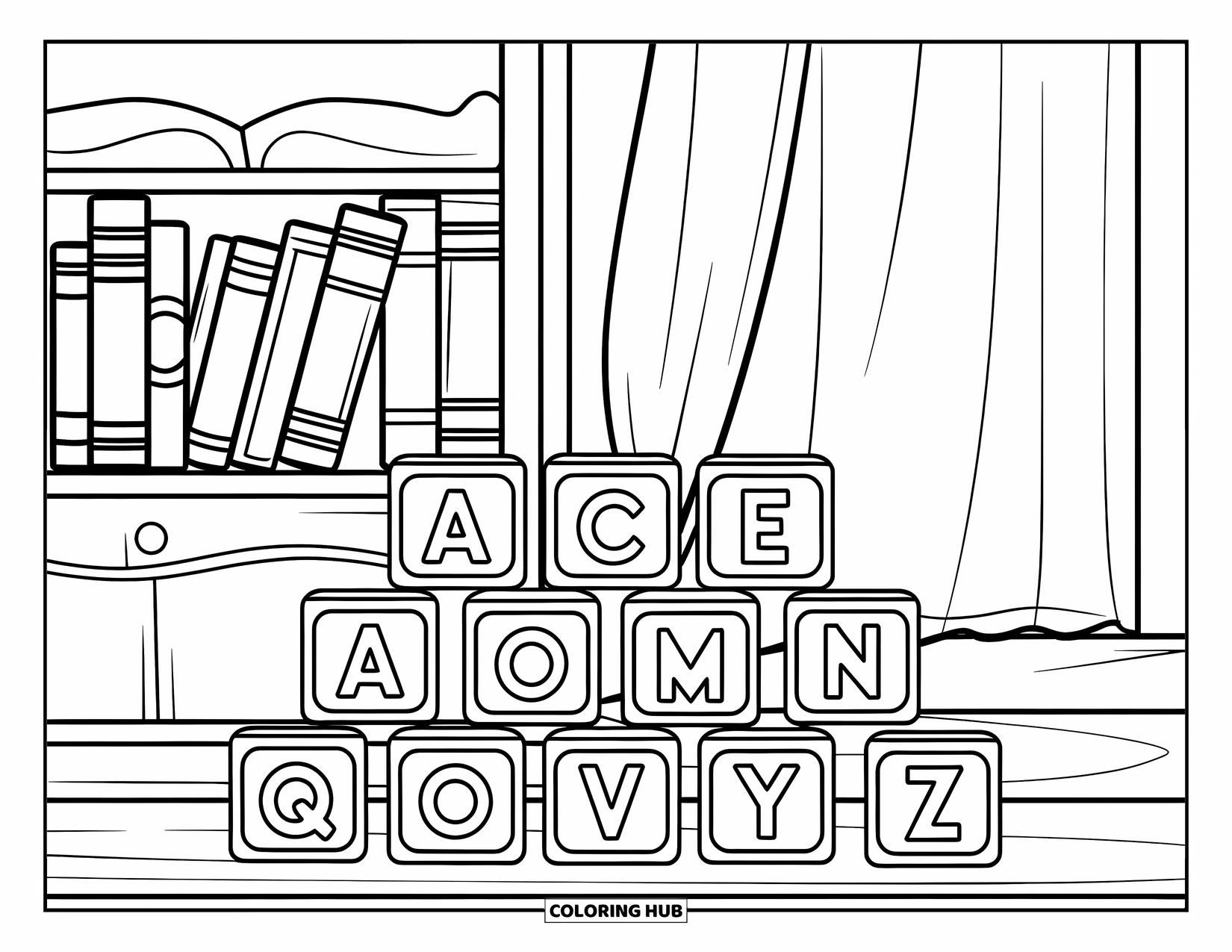 Library Coloring Page for Kids: ABC blocks and books sit in front of a bookcase made for little learners