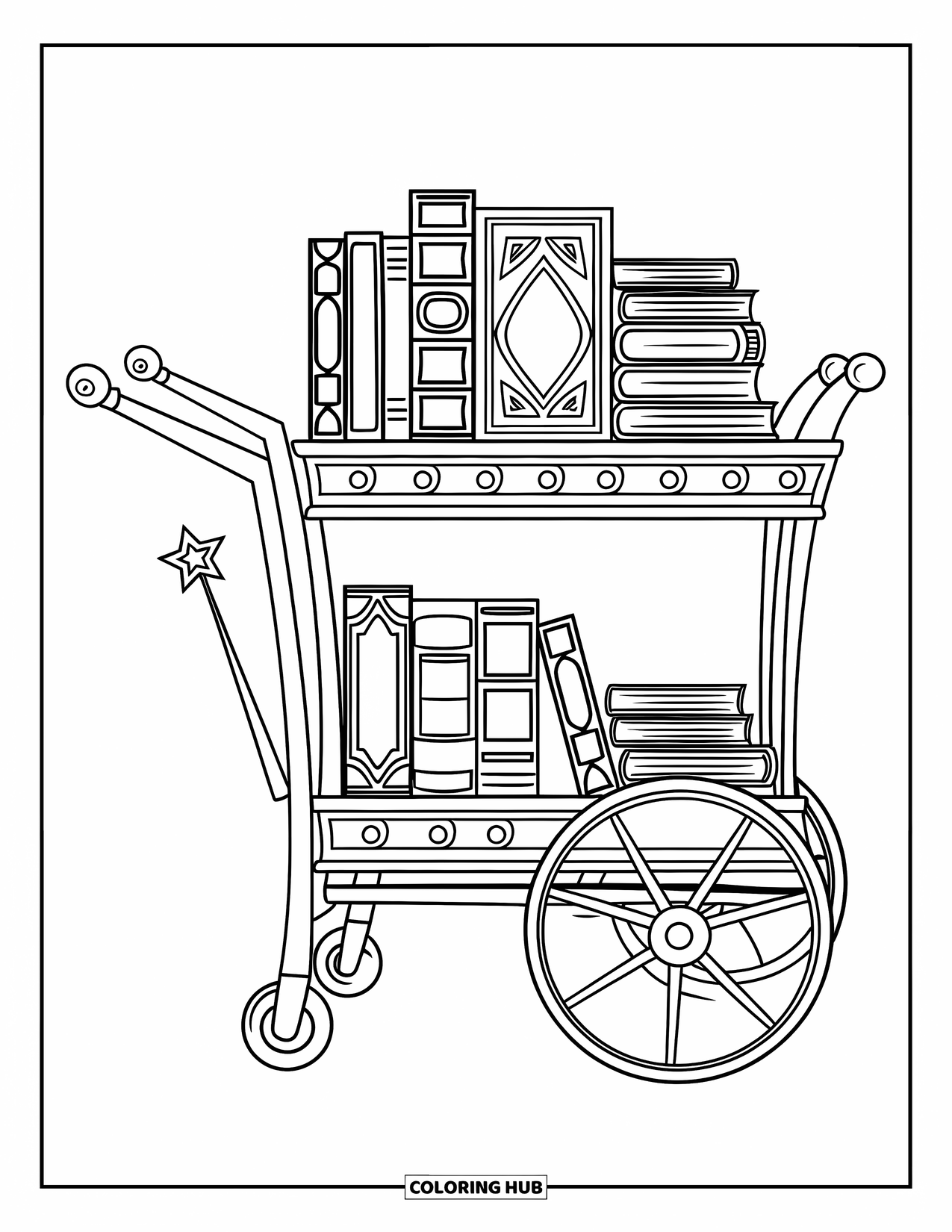 Library Coloring Page for Kids: Books of all sizes fill a cart, with a wand resting beside it