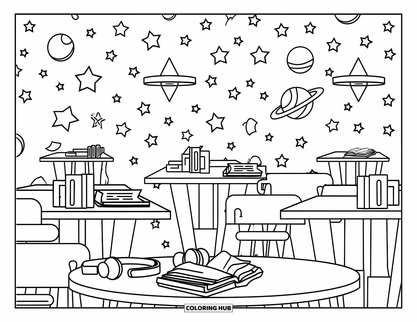 Library Coloring Page for Kids: Desks with books and headphones sit under a starry backdrop in a quiet study space