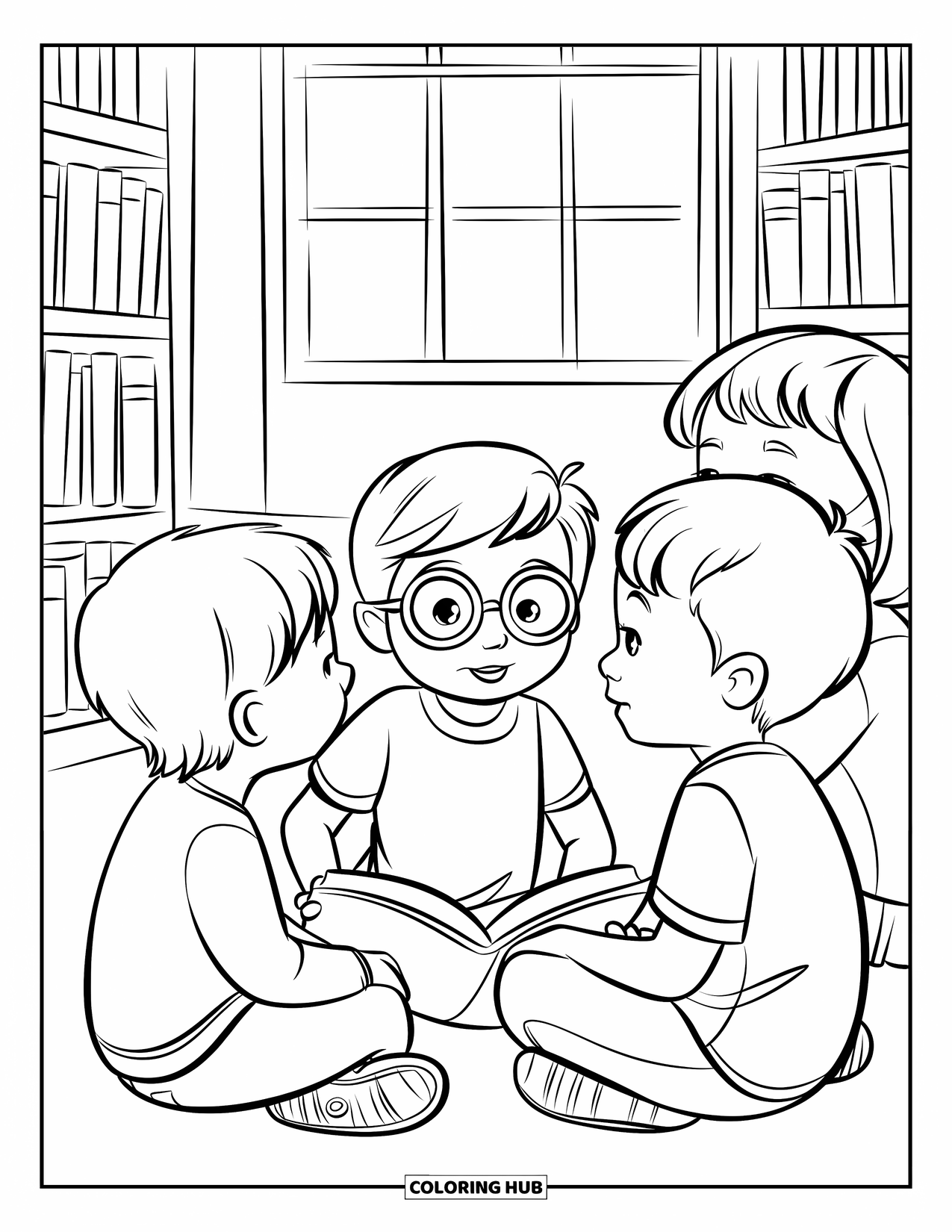 Library Coloring Page for Kids: Four kids gather in a circle for story time in a cozy library with shelves and windows