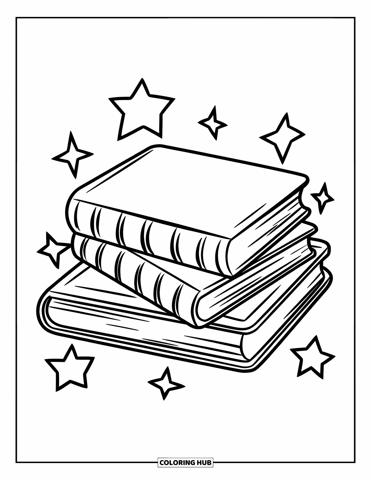 Library Coloring Page for Kids: Three books rest in a stack with stars floating around them