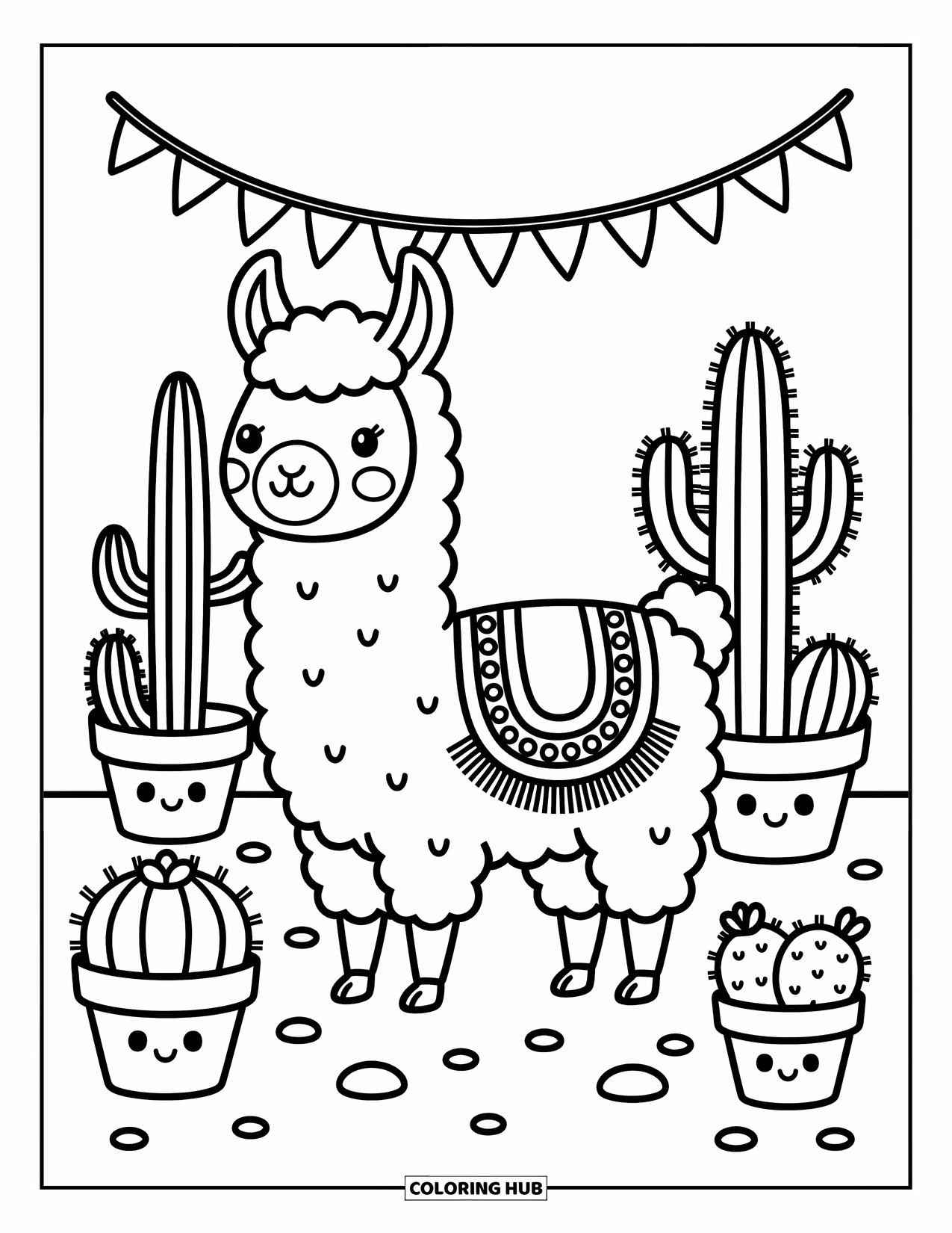 Llama Coloring Page for Adults: A calm llama in a patterned blanket stands in a desert garden full of friendly cacti